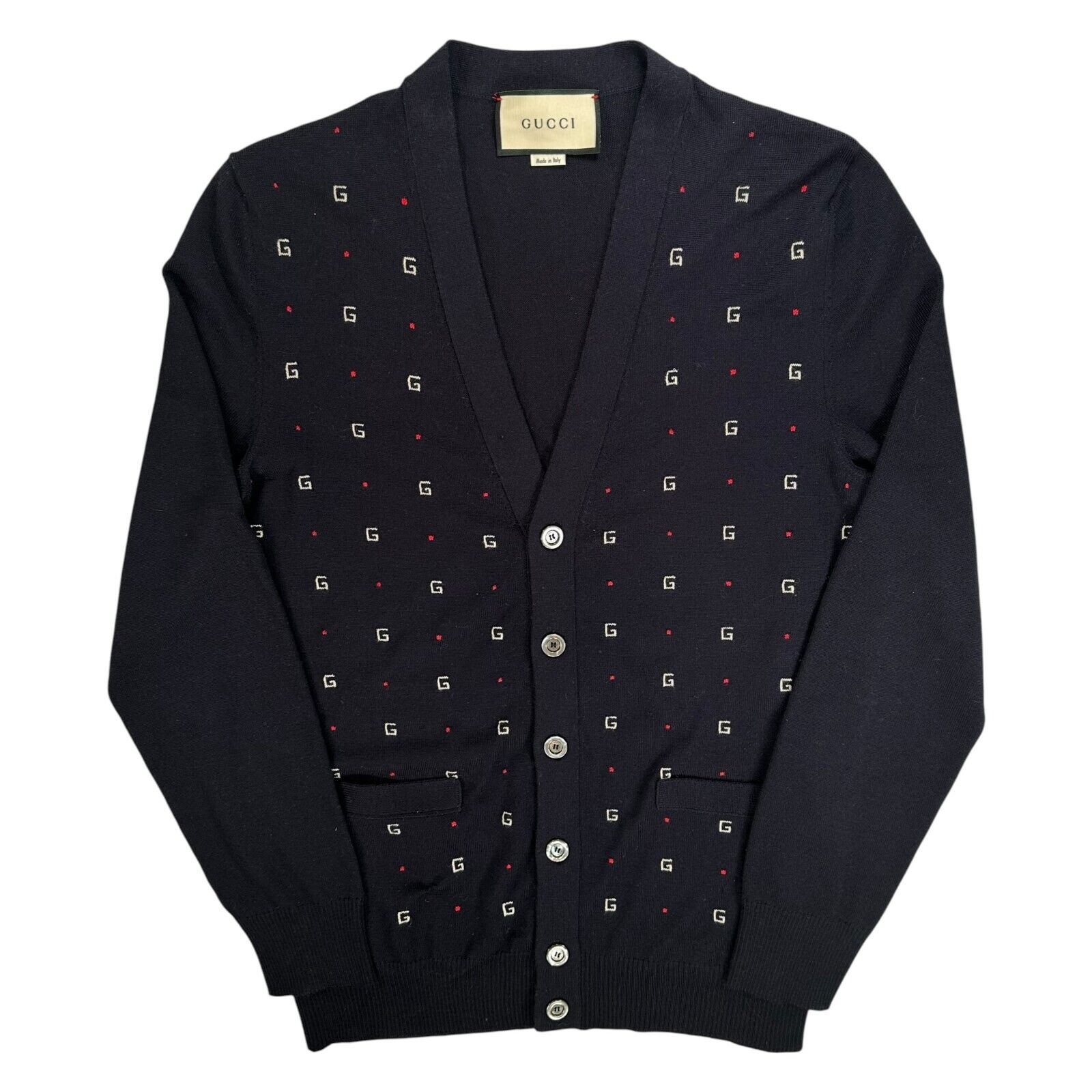 Gucci Size M Cardigan Navy Button Up Cashmere Wool GG Logo V-Neck Jumper