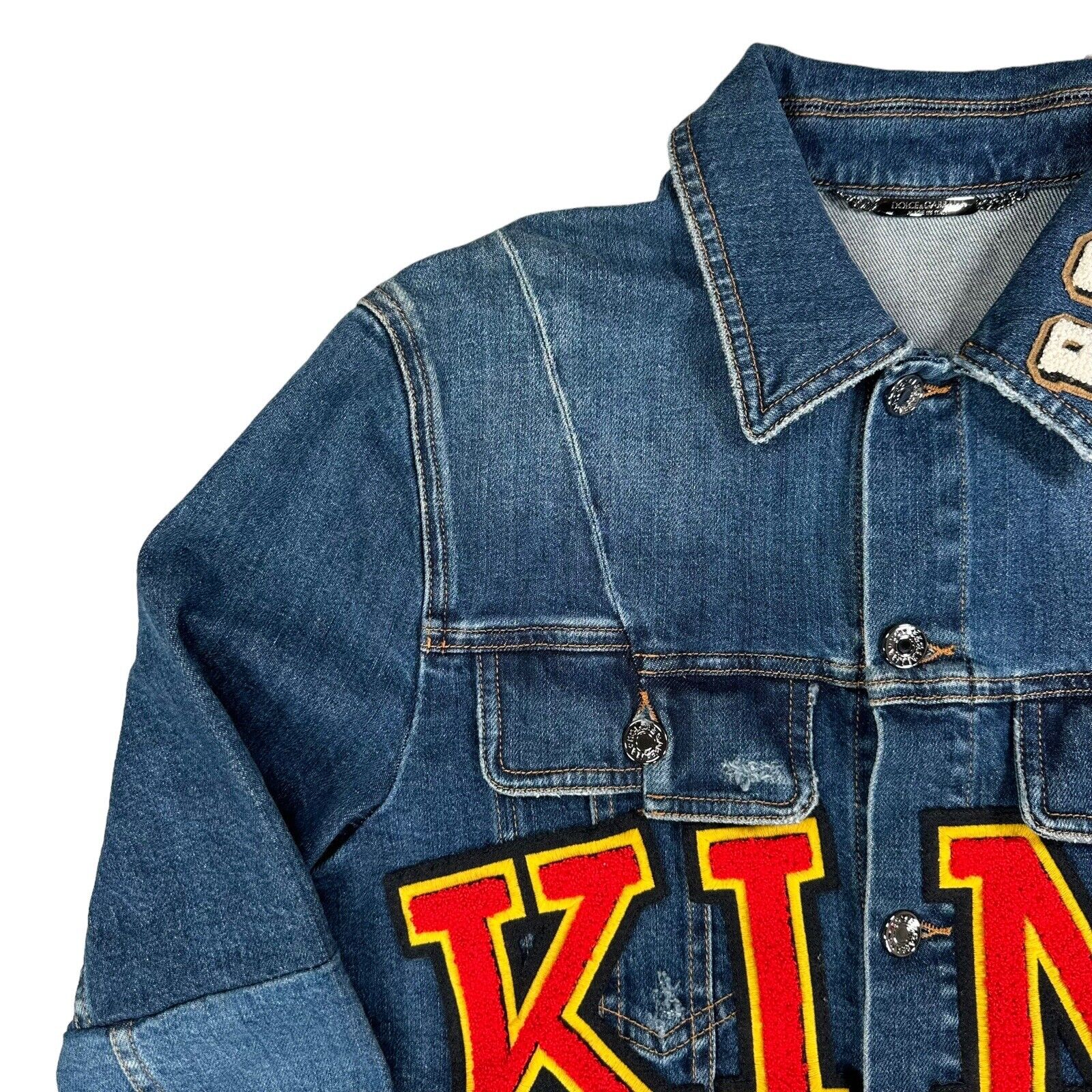 Dolce & Gabbana Size M Denim Jacket KING Reconstructed ROYALS Patch Logo Jacket