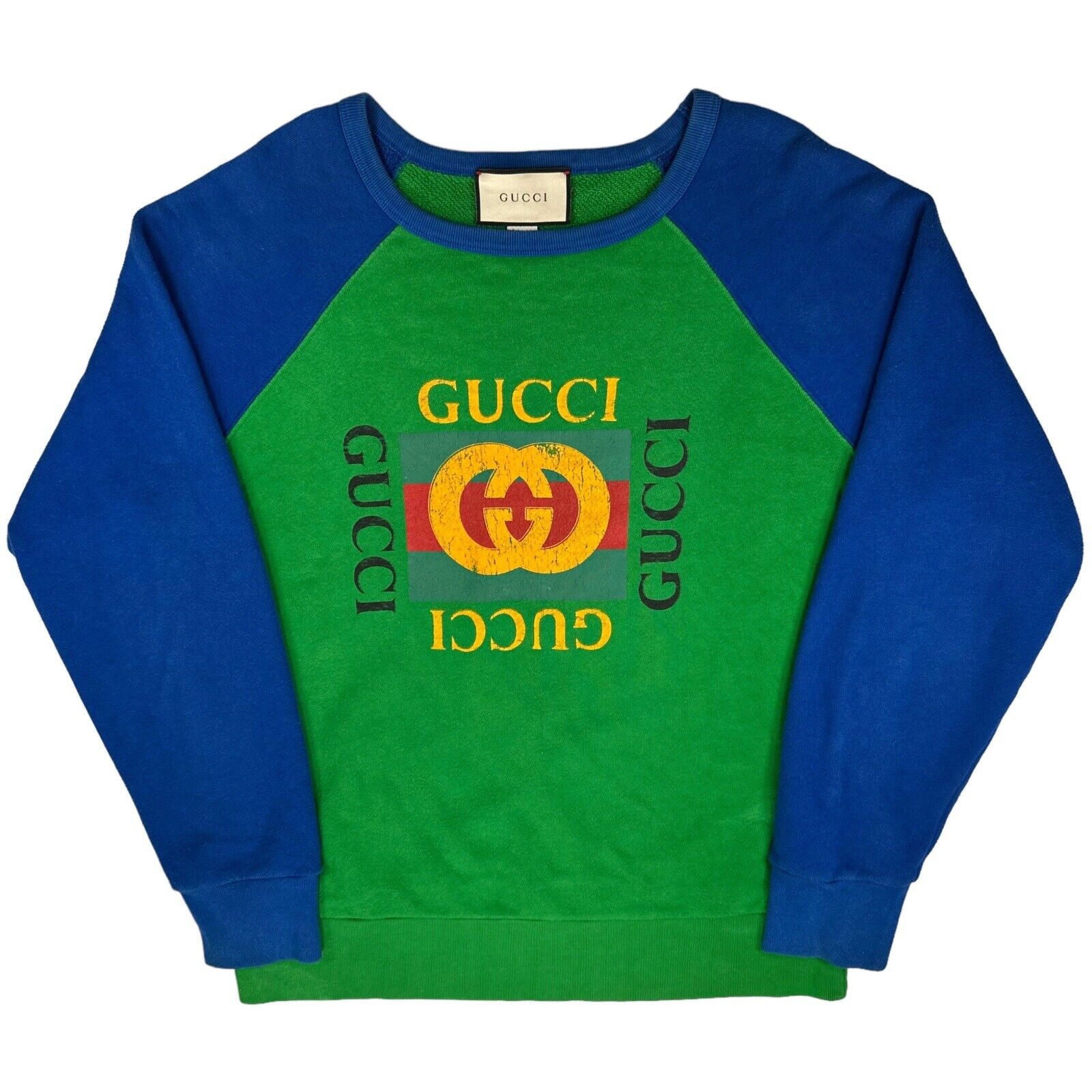 Gucci Size S Sweatshirt Green Blue Vintage Logo Oversized Round Neck Heavy