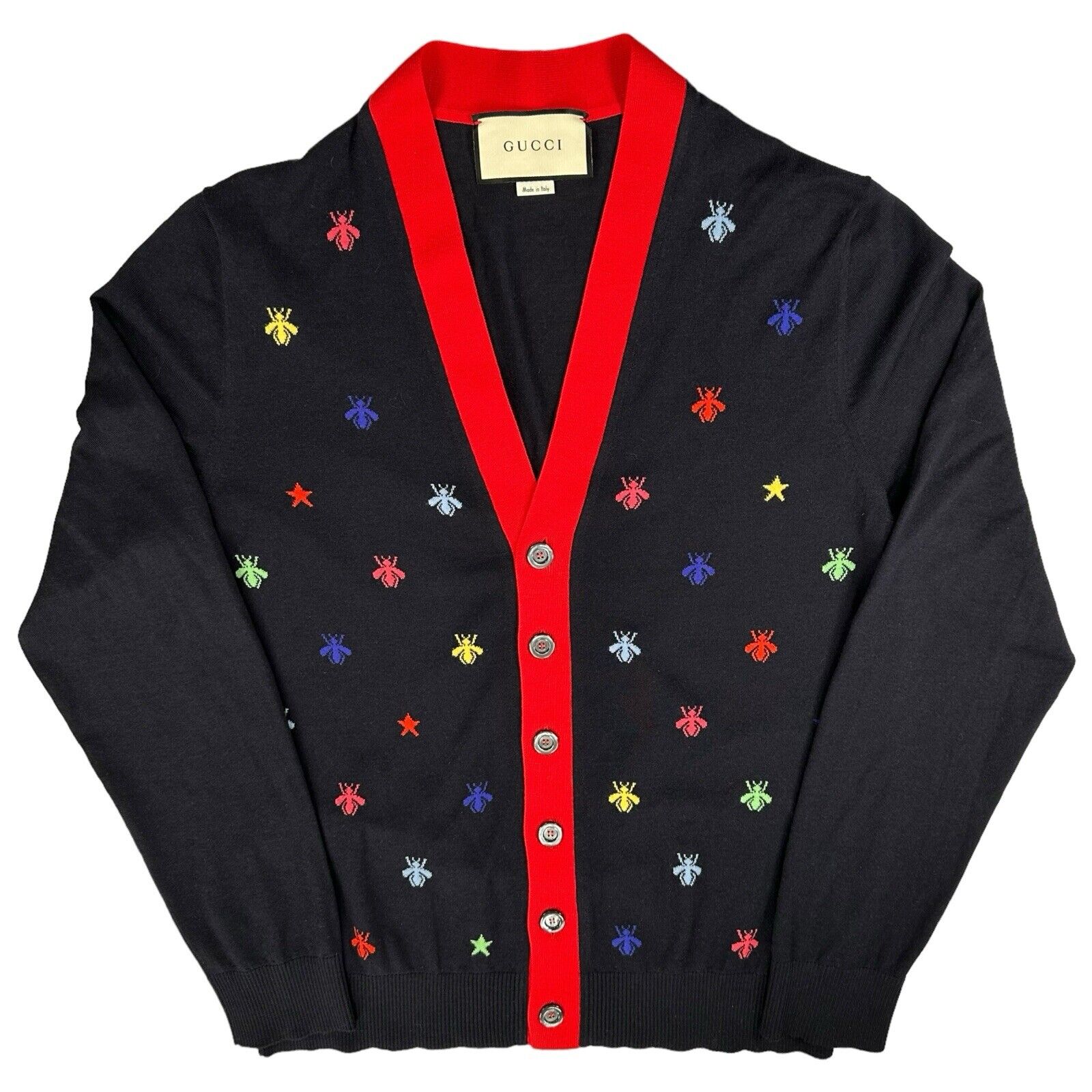 Gucci Size S Navy Cardigan All Over Bee Logos Button Up V-Neck Sweater Cashmere