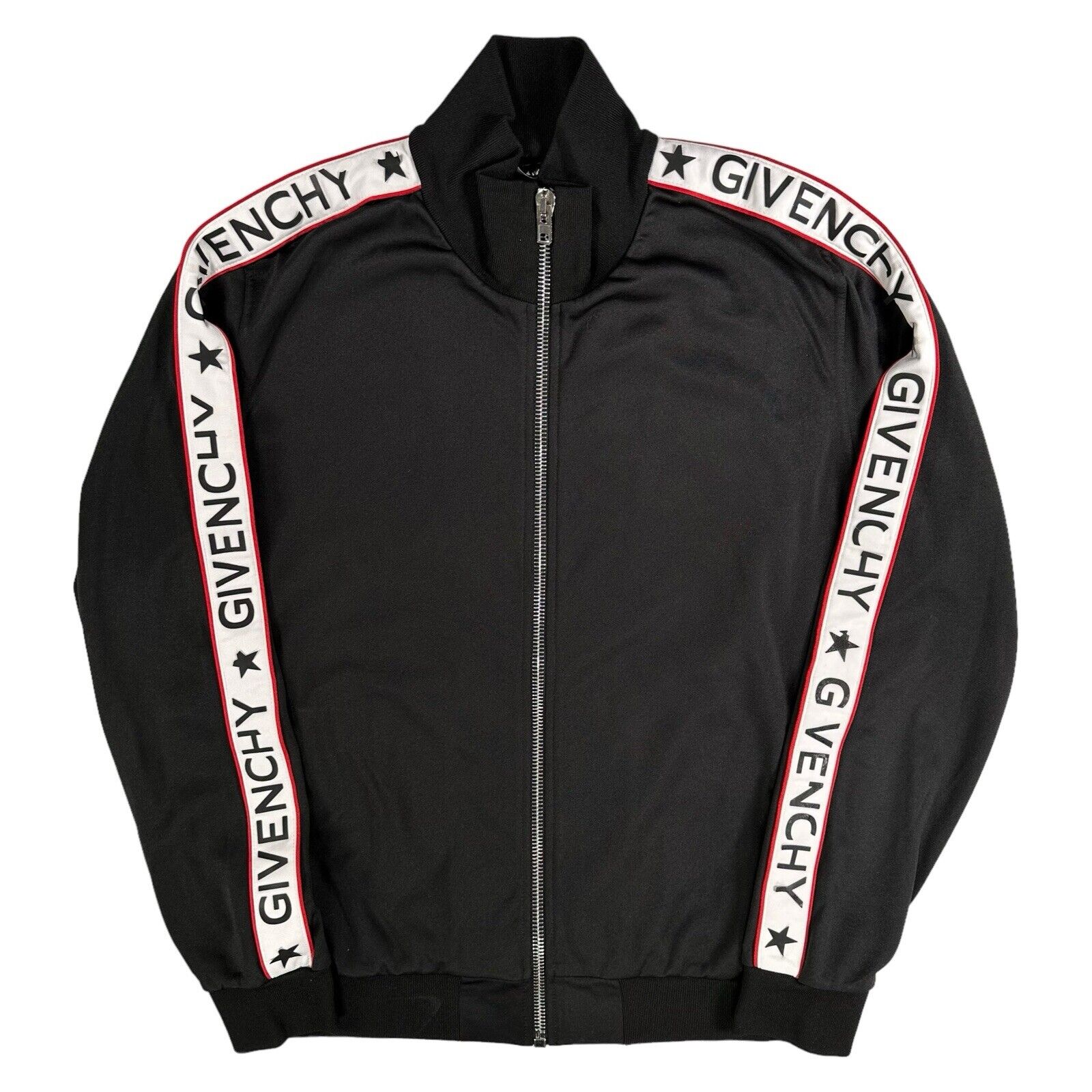 Givenchy Size L Black Track Jacket Plastic Taped Sleeve Logos Zip Up