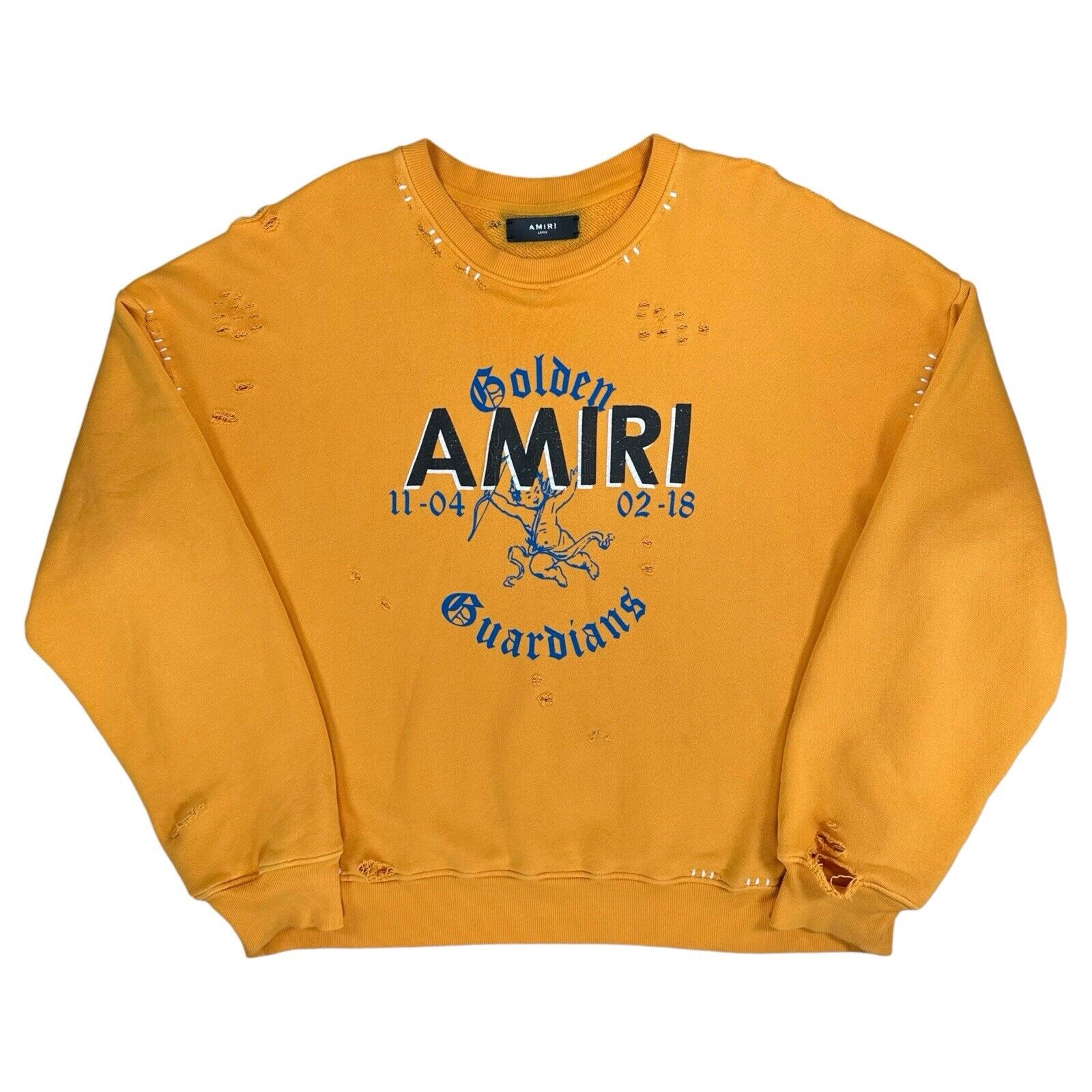 Amiri Size L Sweatshirt Yellow Oversized Distressed Golden Guardians Patchwork