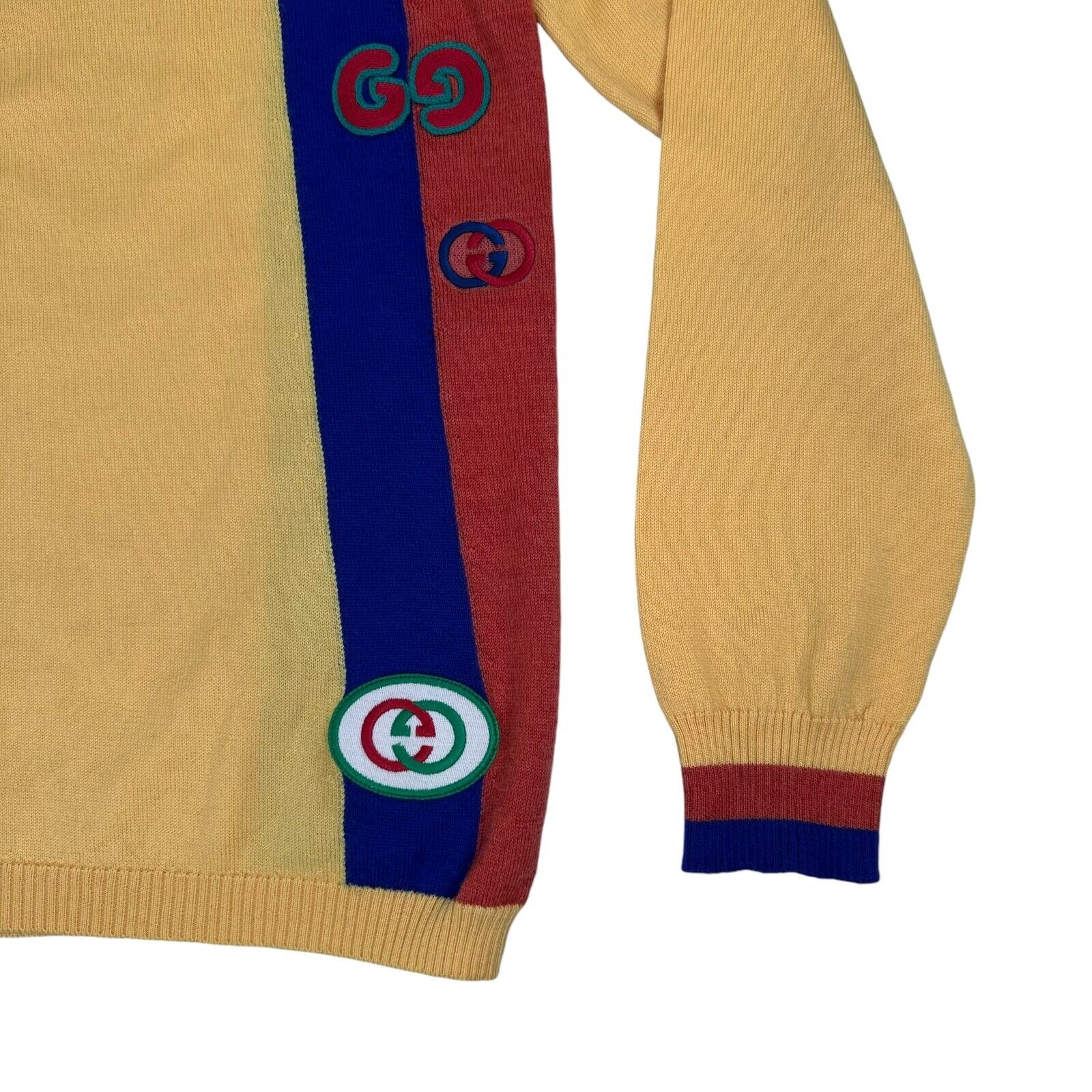 Gucci Size S Yellow Zip Up Track Jacket Embroidered Patches Logo Striped GG Pull