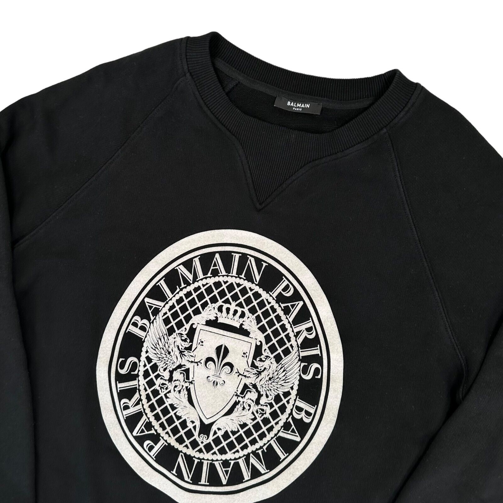 Balmain Size L Sweatshirt Black Coin Logo White Graphic Print Emblem Crewneck