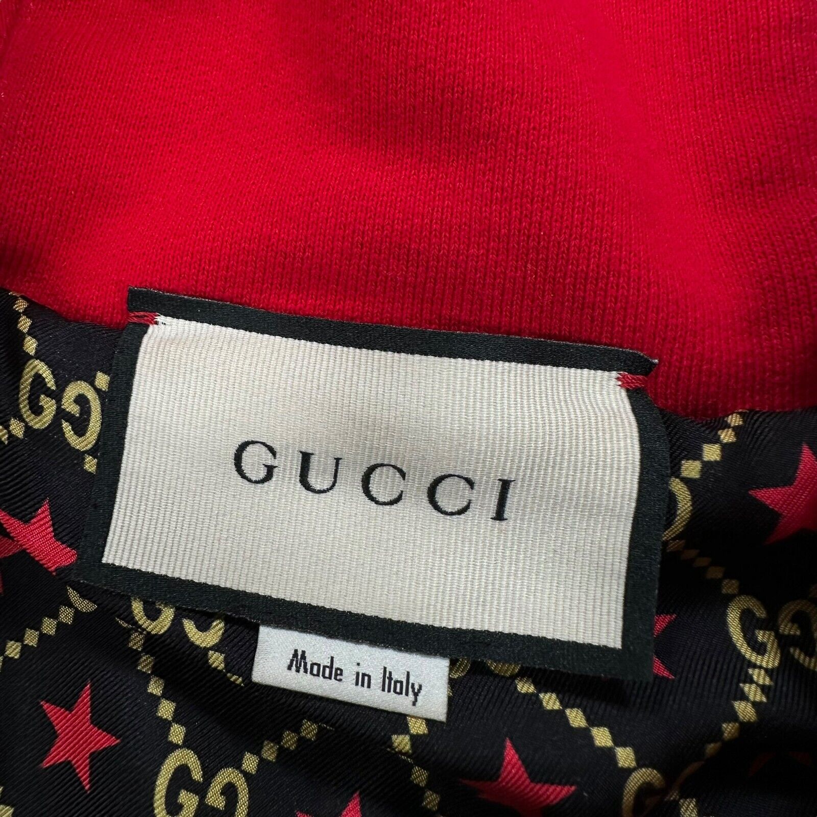 Gucci Size M Bomber Jacket Black Gucci Band Patch Taped Sleeve Red Hood GG Lined