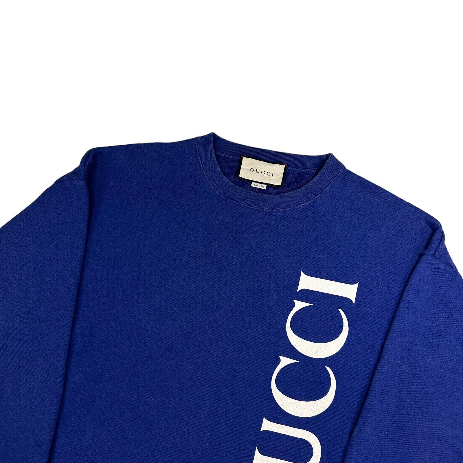 Gucci Size M Sweatshirt Deep Blue Vertical Logo Graphic Print Crewneck Pullover