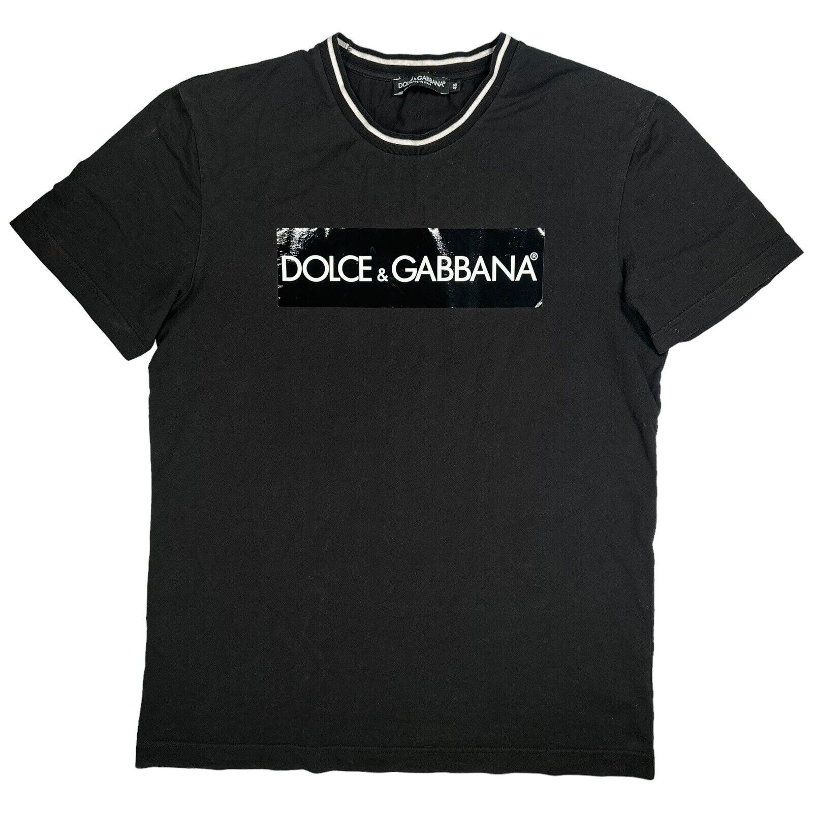 Dolce & Gabbana Size M T-Shirt Black Tape Logo Round Neck Ringer Tee Cotton