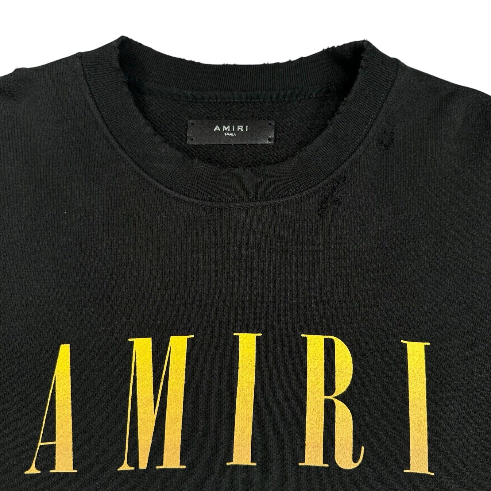 Amiri Size S Black Sweatshirt Distressed Yellow Chest Graphic Print Logo Crew