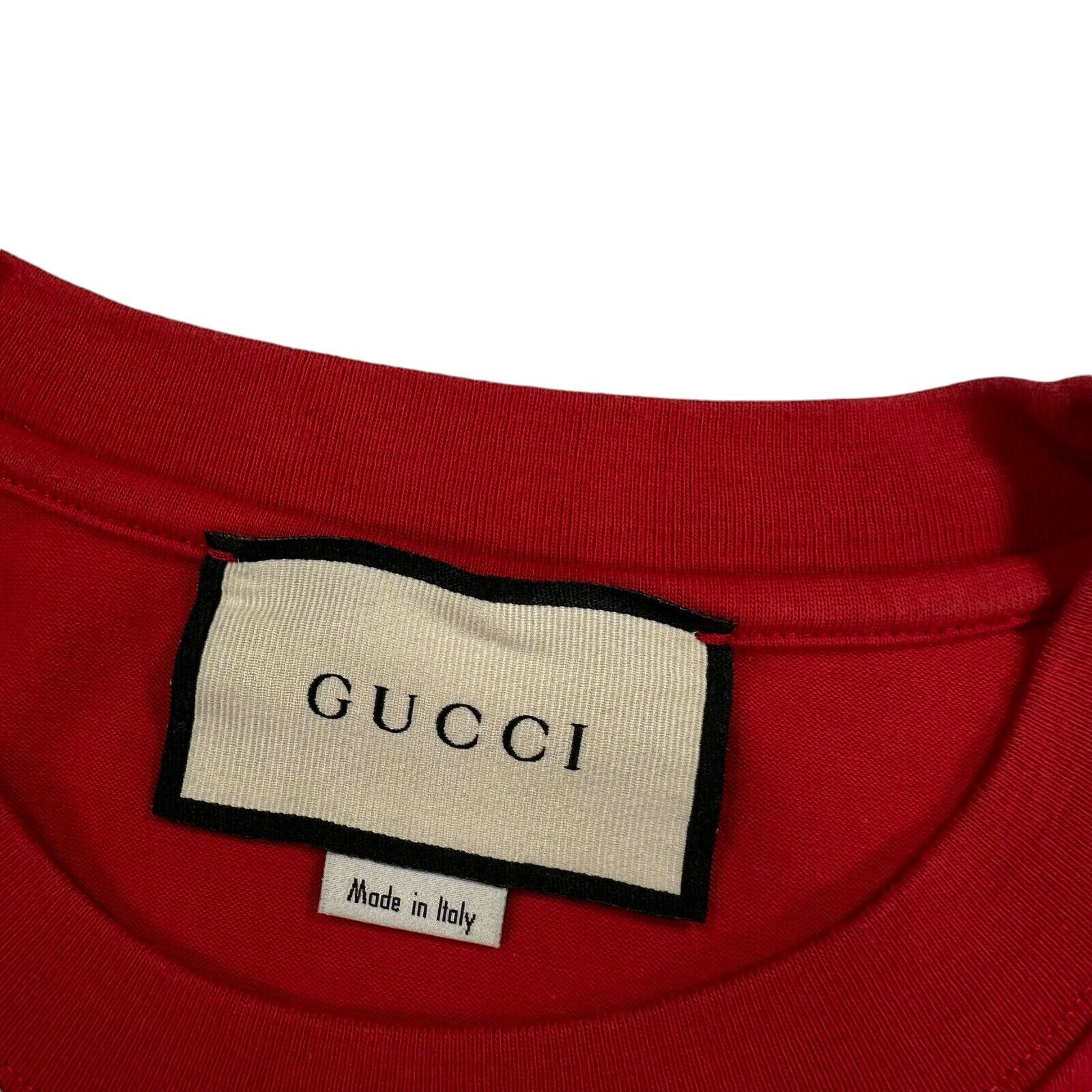 Gucci Size L Red T-Shirt Oversized Vertical Logo Graphic Print Heavyweight Crew