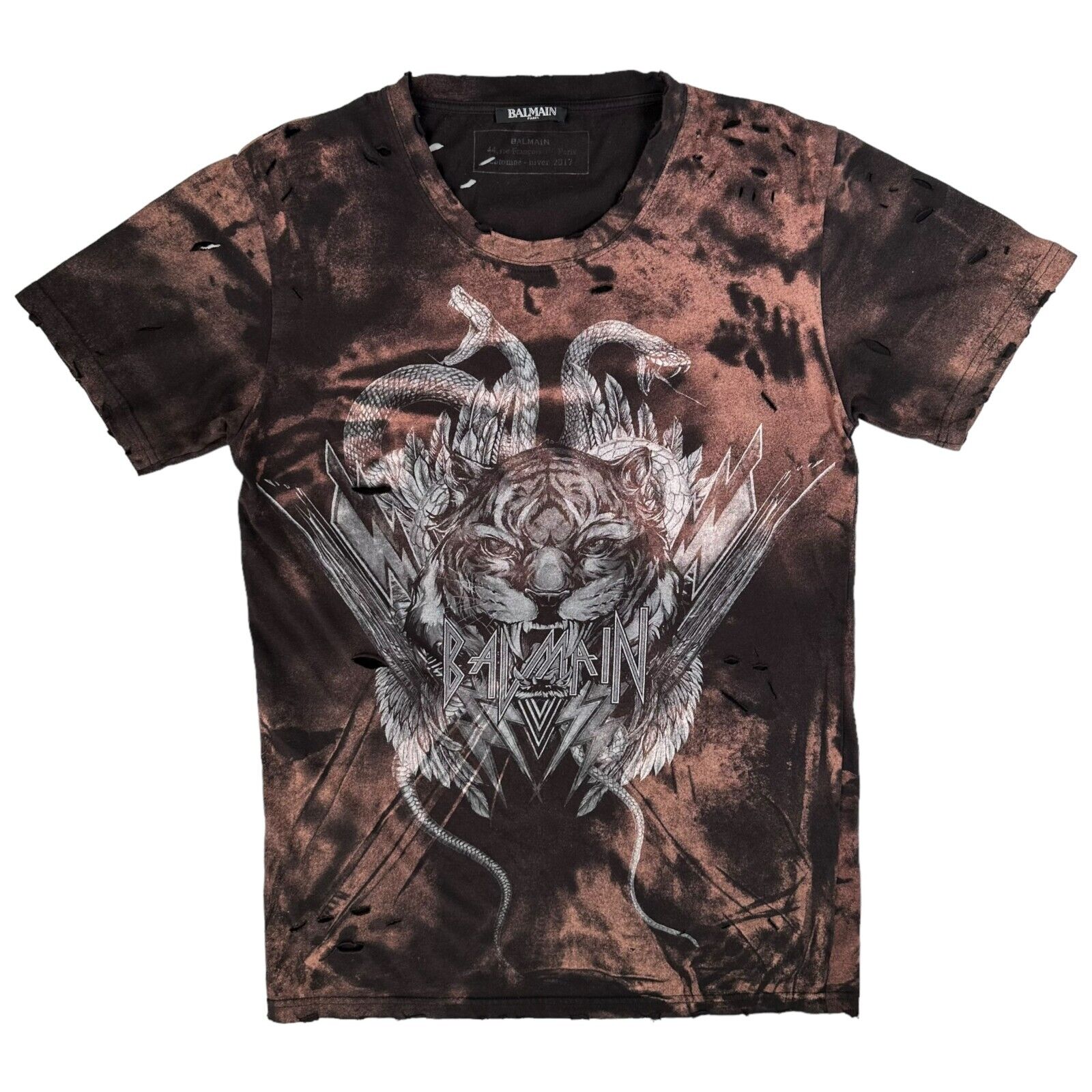 Balmain Size S T-Shirt Black Distressed Cotton Tiger Graphic Print Logo Bleached