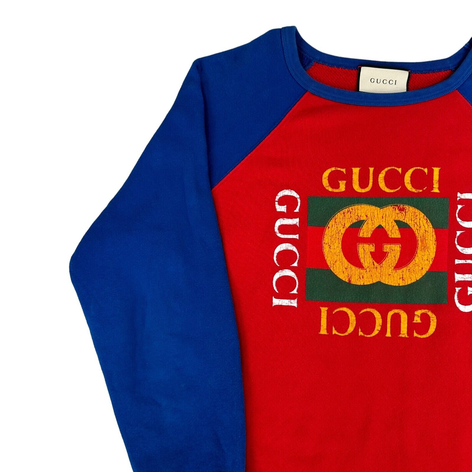 Gucci Size S Sweatshirt Red Blue Cotton Jersey Logo Print Pullover Crewneck