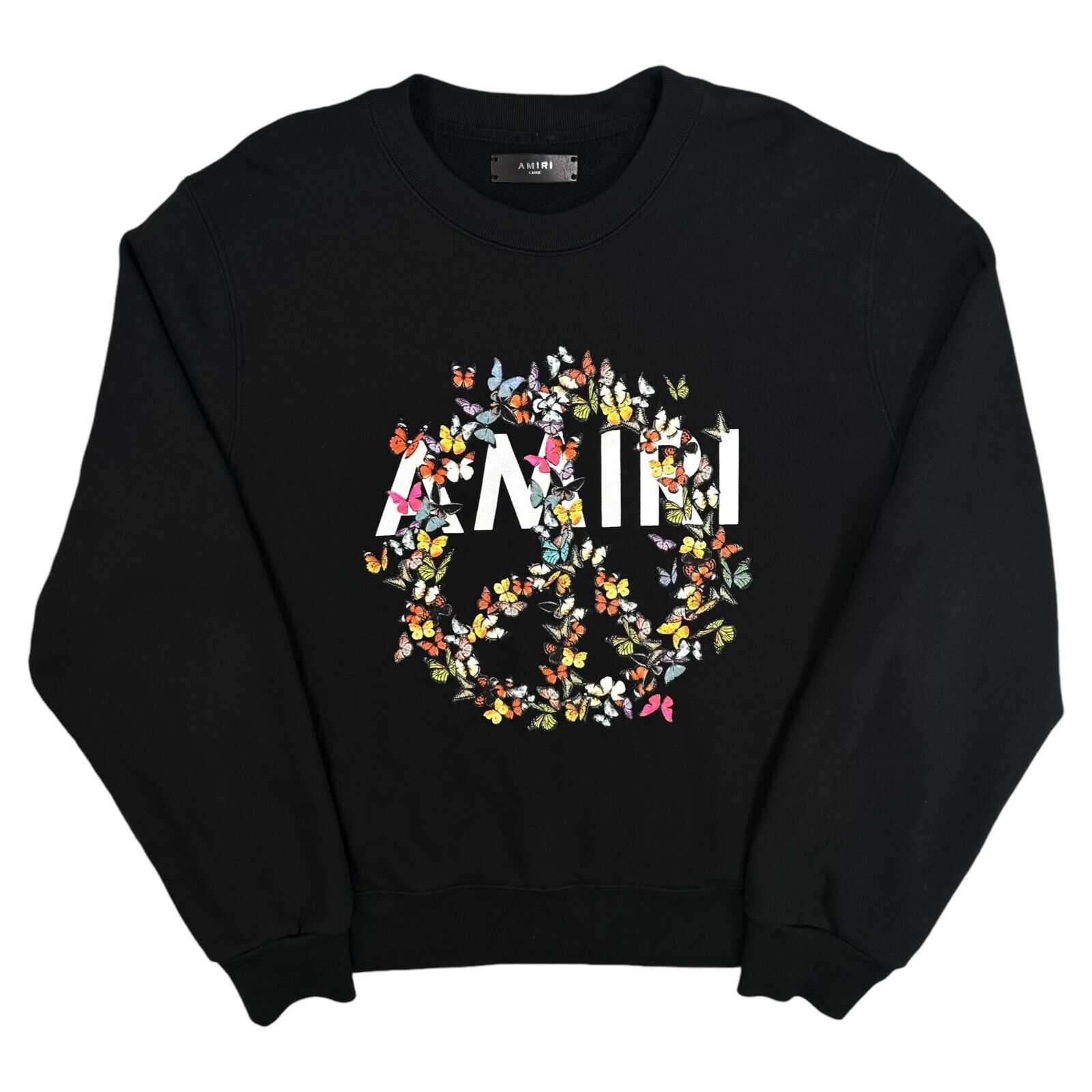 Amiri Size L Sweatshirt Black Floral Chest Peace Logo Graphic Print Heavy Crew