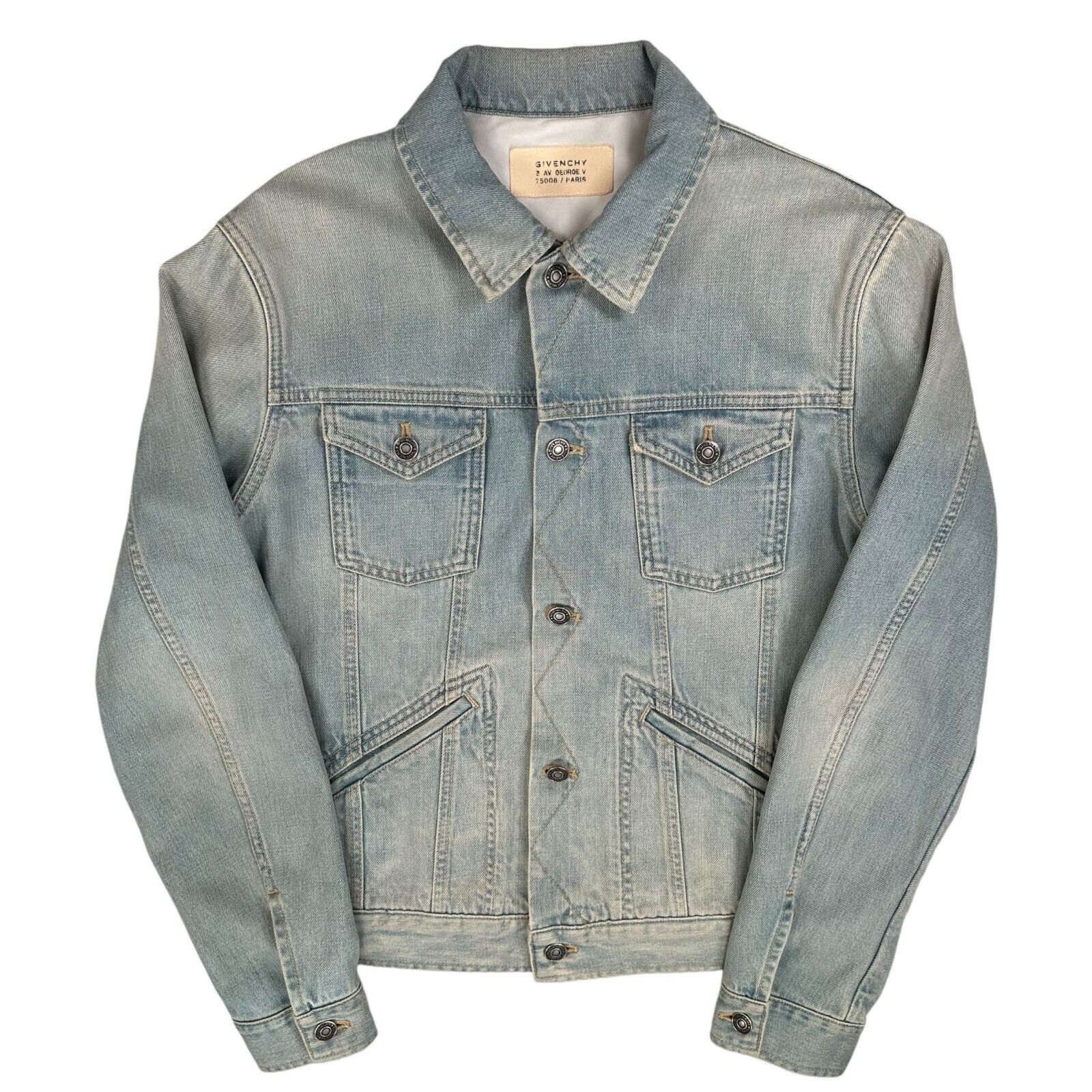 Givenchy Size M Light Blue Denim Jacket Fully Engraved Button Up Washed Out