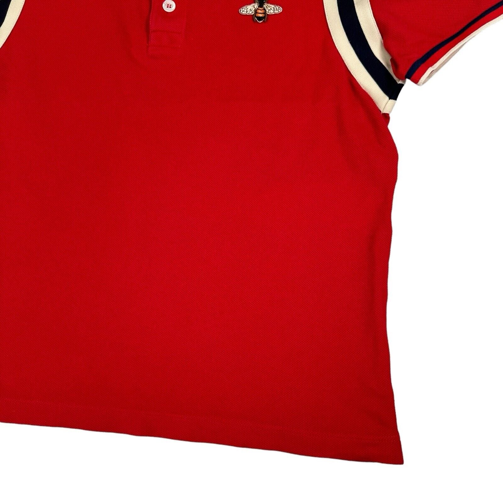 Gucci Size M Red Polo Shirt Bee Logo Embroidered Webbed Striped Shoulders