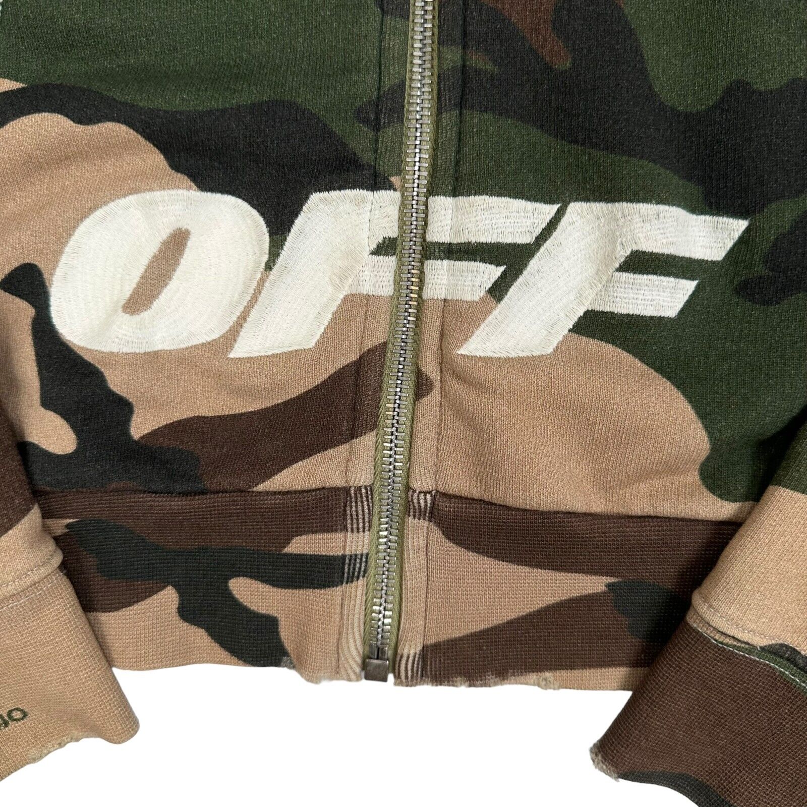 Off-White Size M Jacket Zip Up Distressed Camo Brown Embroidery Logo Hoodie