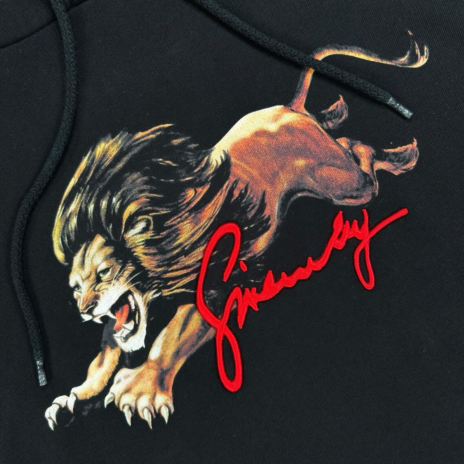 Givenchy Size S Black Sweatshirt Leaping Lion Faux Fur Hood Embroidered Pocket