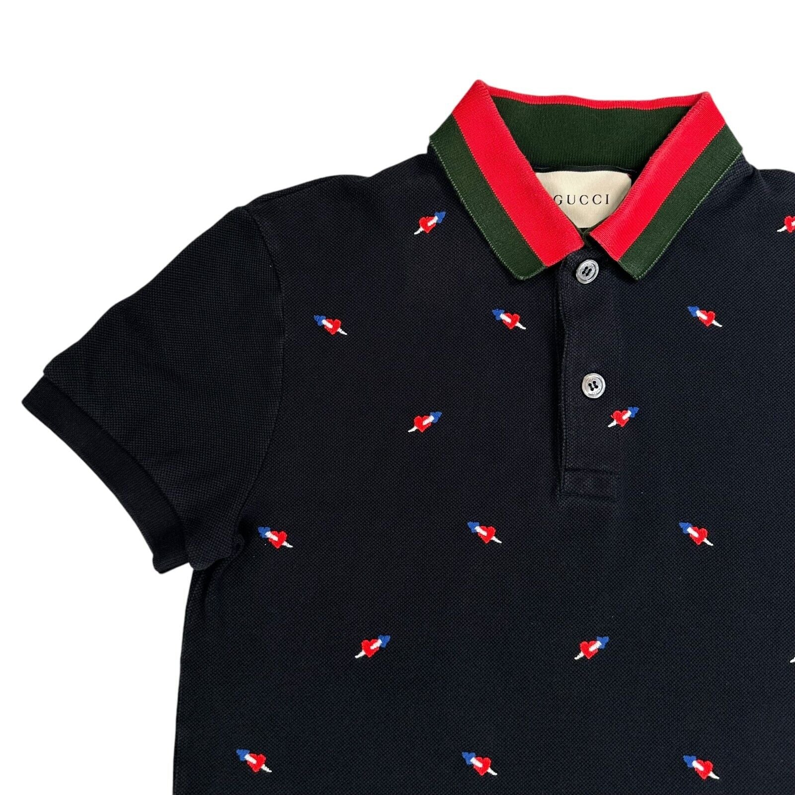 Gucci Size S Polo Shirt Navy Fully Embroidered Arrow/Heart Logo Taped Collar