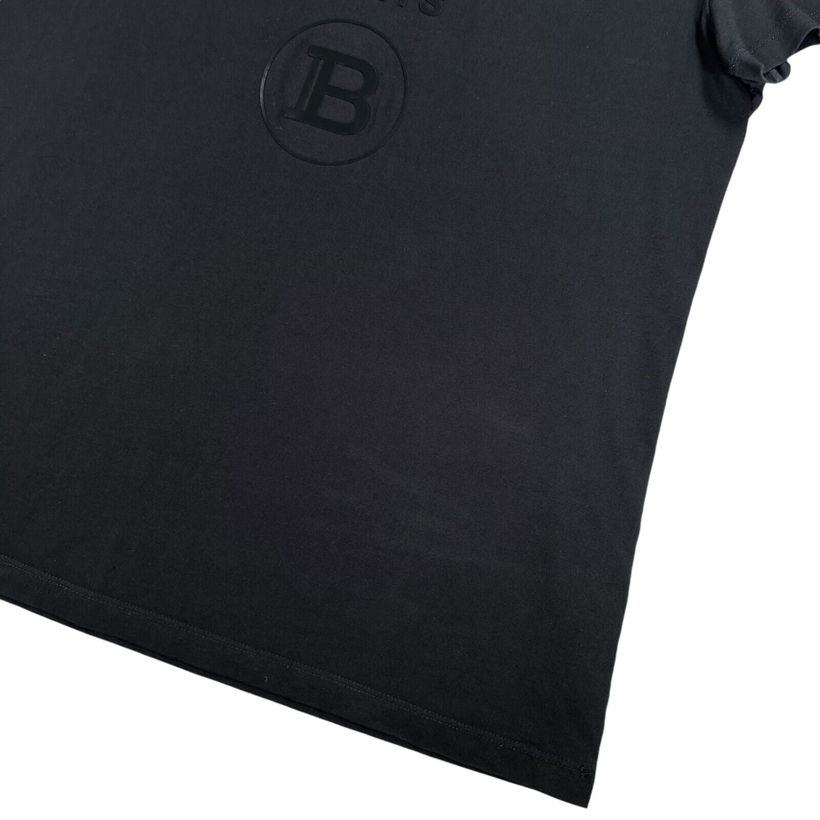 Balmain Size L Black T-Shirt Raised 3D Plastic Logo Big B Crewneck Cotton Tee