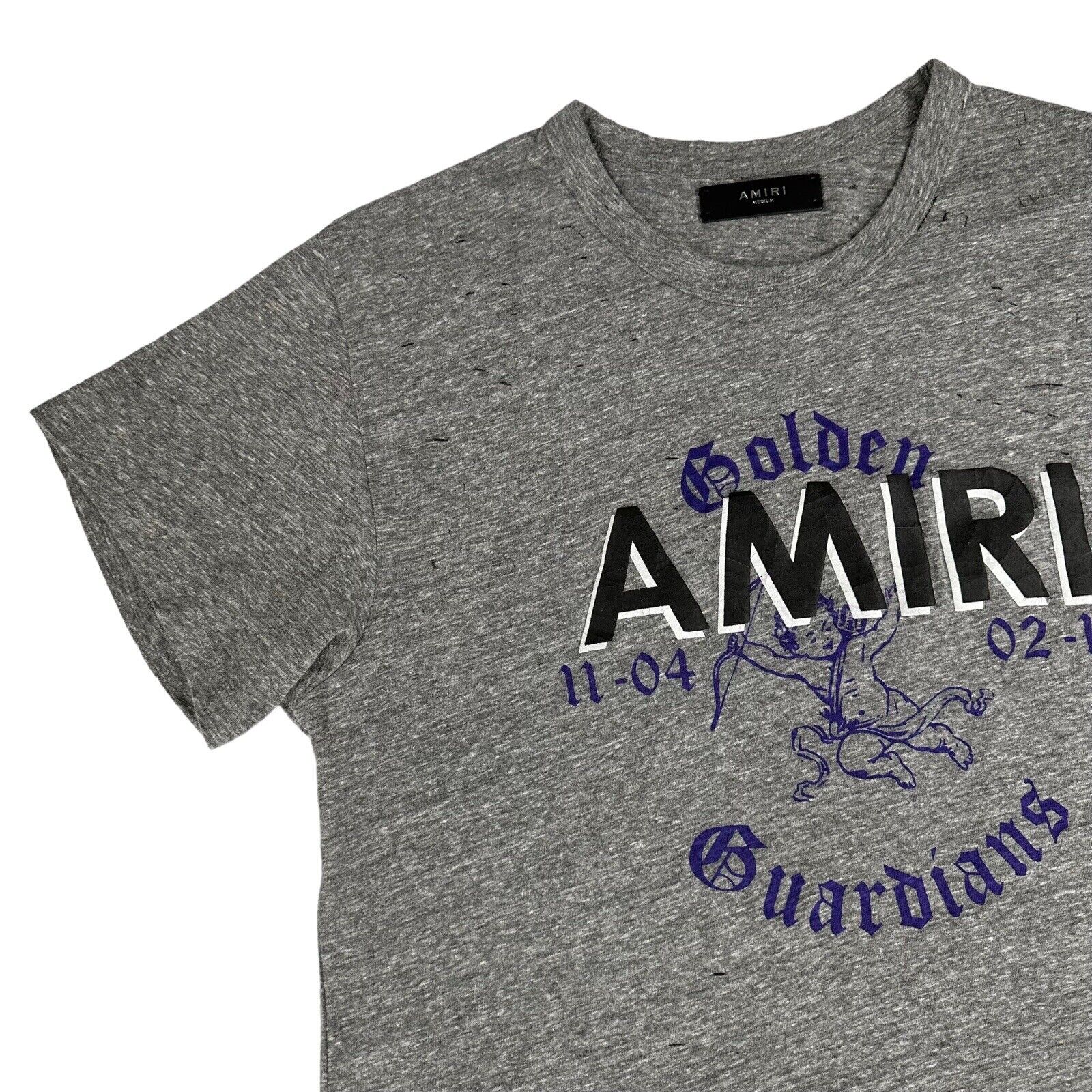 Amiri Size M T-Shirt Distressed Grey Golden Guardians Varsity Logo Cotton Tee