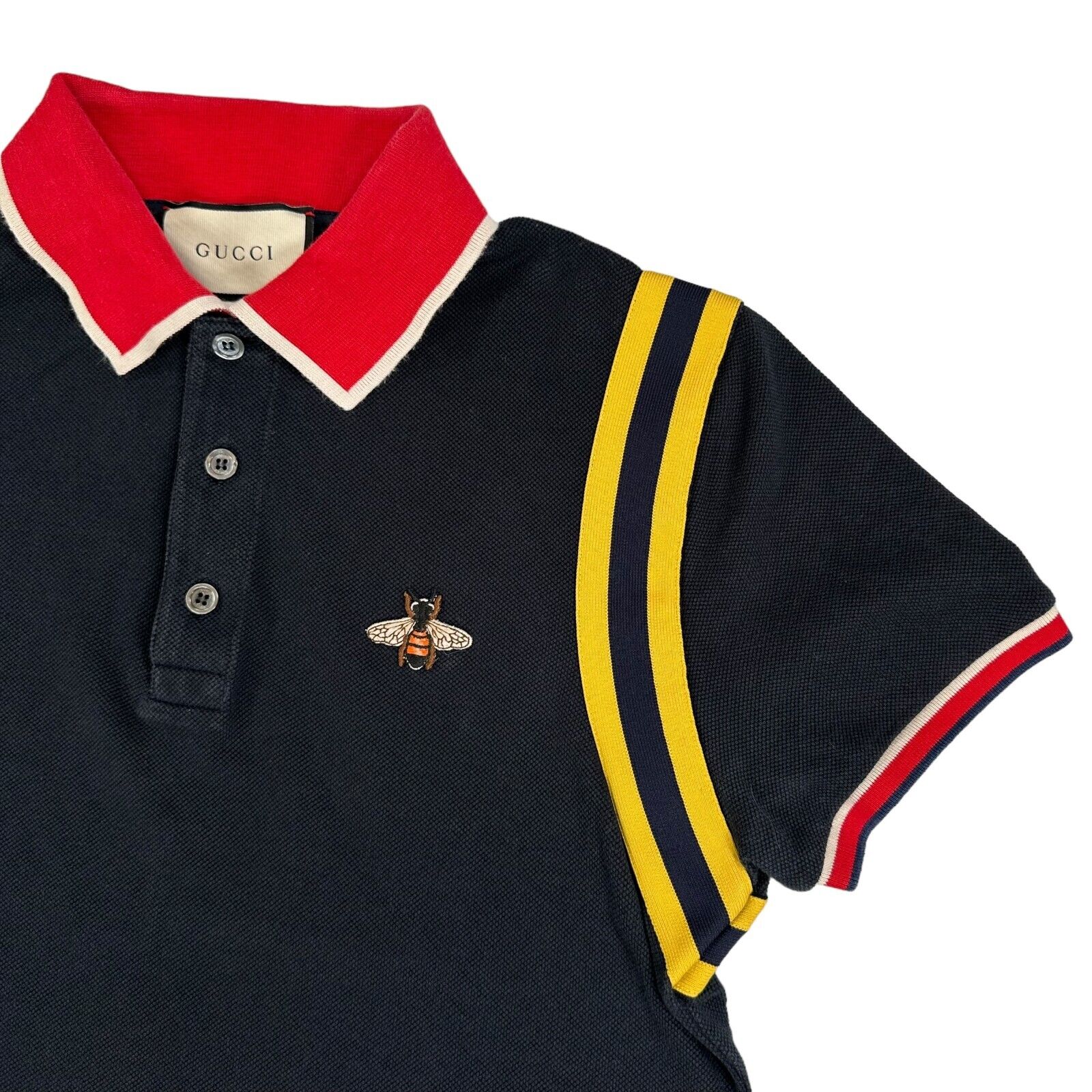 Gucci Size S Navy Polo Shirt Bee Logo Embroidered Webbed Button Up