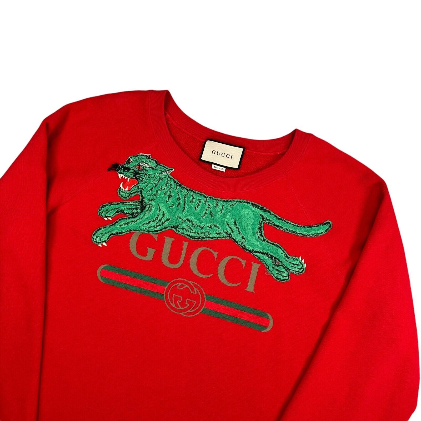 Gucci Size L Red Sweatshirt Leopard Embroidered Logo Belt Graphic Crewneck