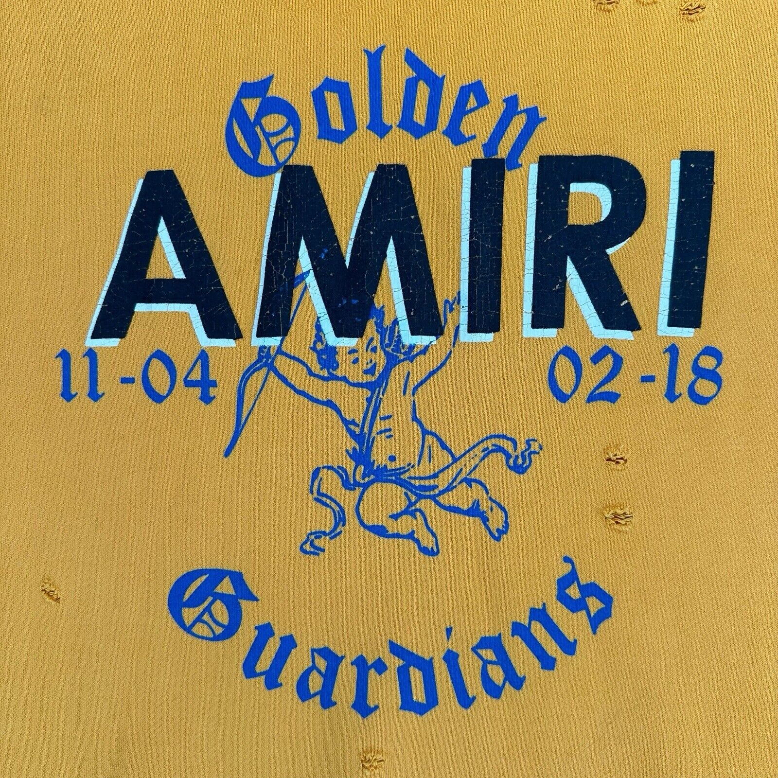 Amiri Size L Sweatshirt Yellow Oversized Distressed Golden Guardians Patchwork