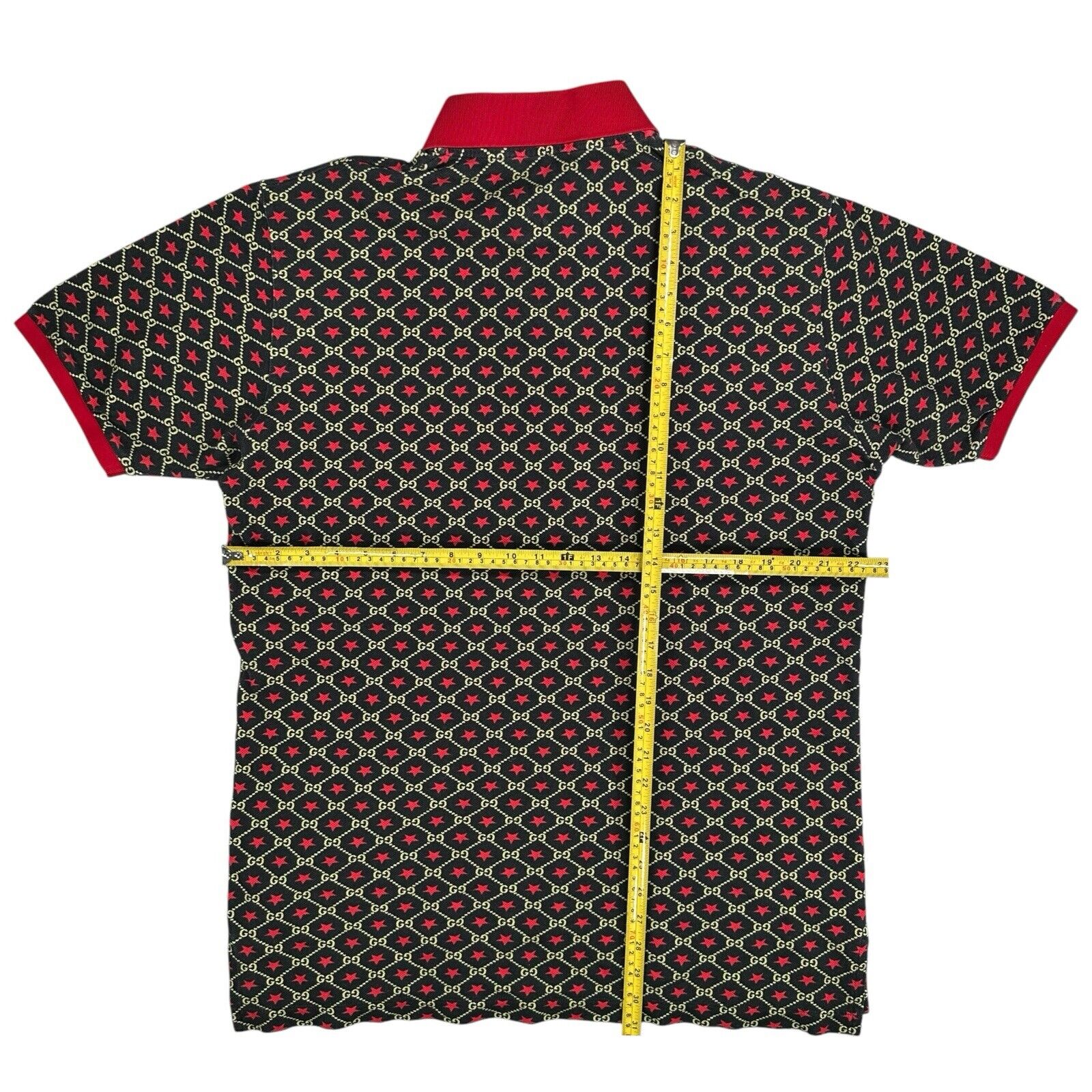 Gucci Size M Polo Shirt Black Interlocking GG Stars Logo Oversized Red Collar