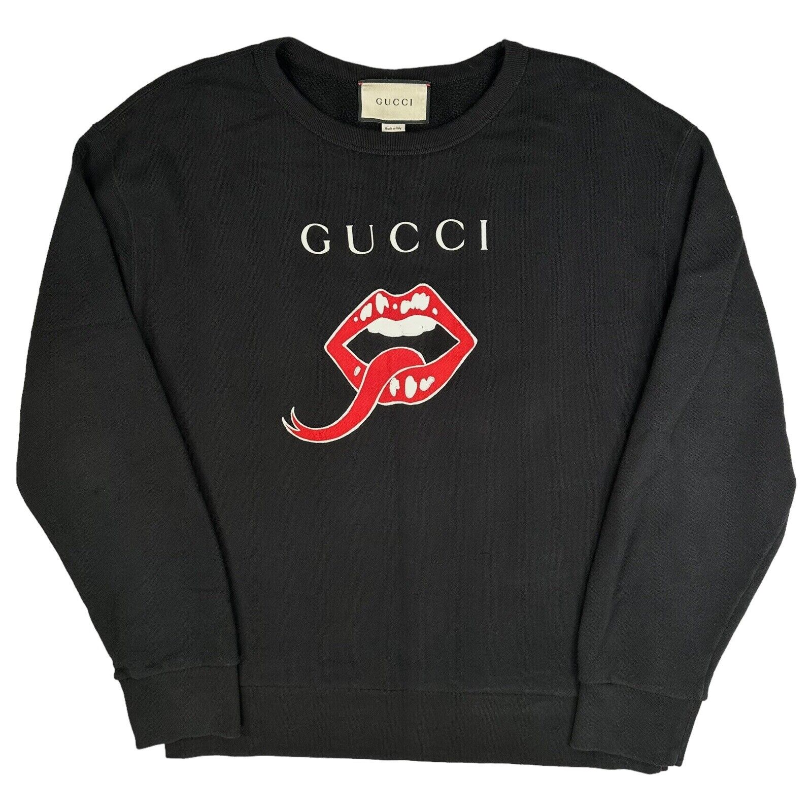 Gucci Size L Sweatshirt Black Lips Logo Graphic Print Round Neck Pullover