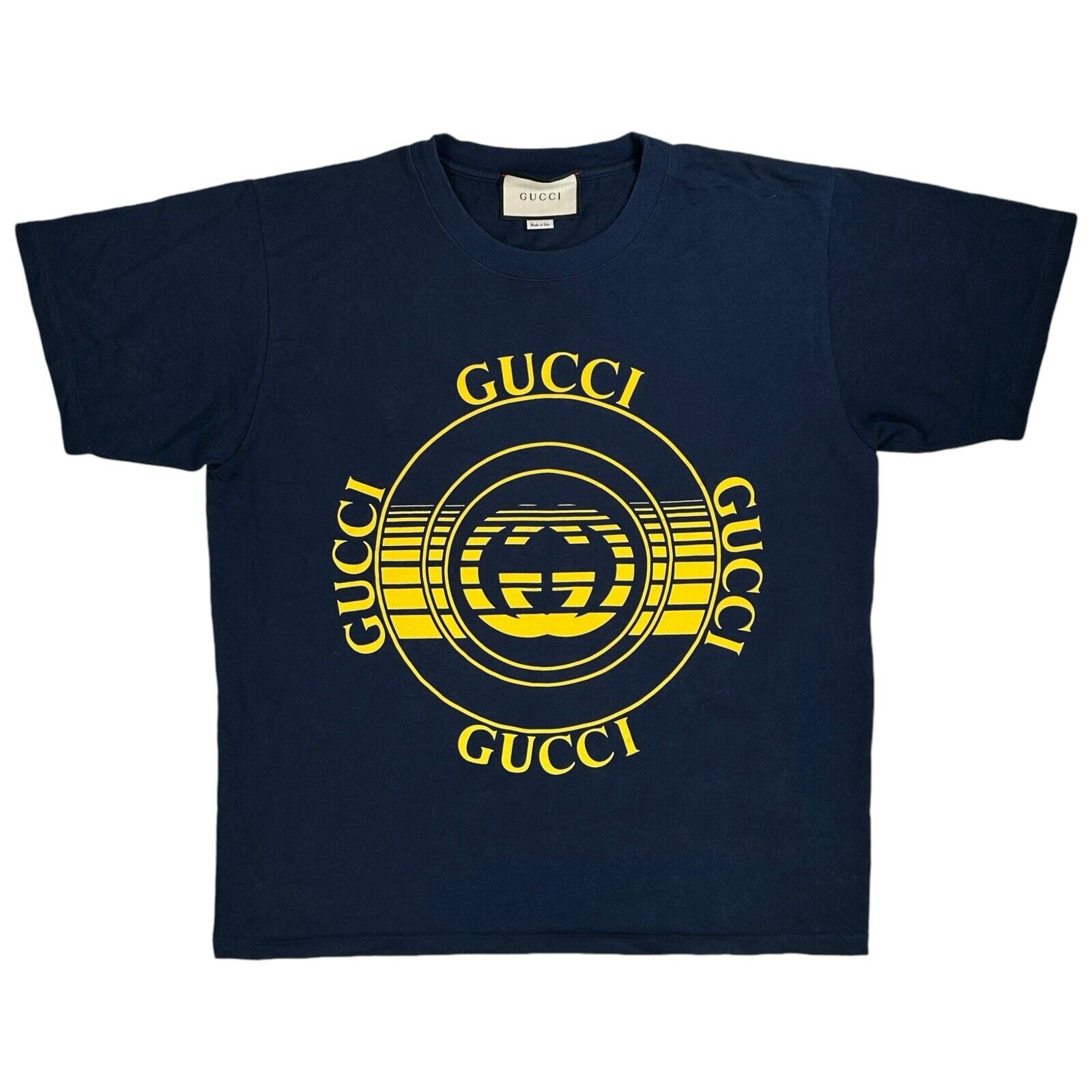 Gucci Size L T-Shirt Navy Blue Record Disk Graphic Print Logo Heavyweight Tee