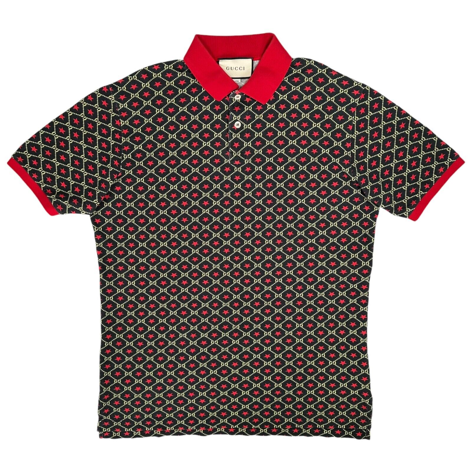 Gucci Size M Polo Shirt Black Oversized GG Stars All Over Logo Button Up Short