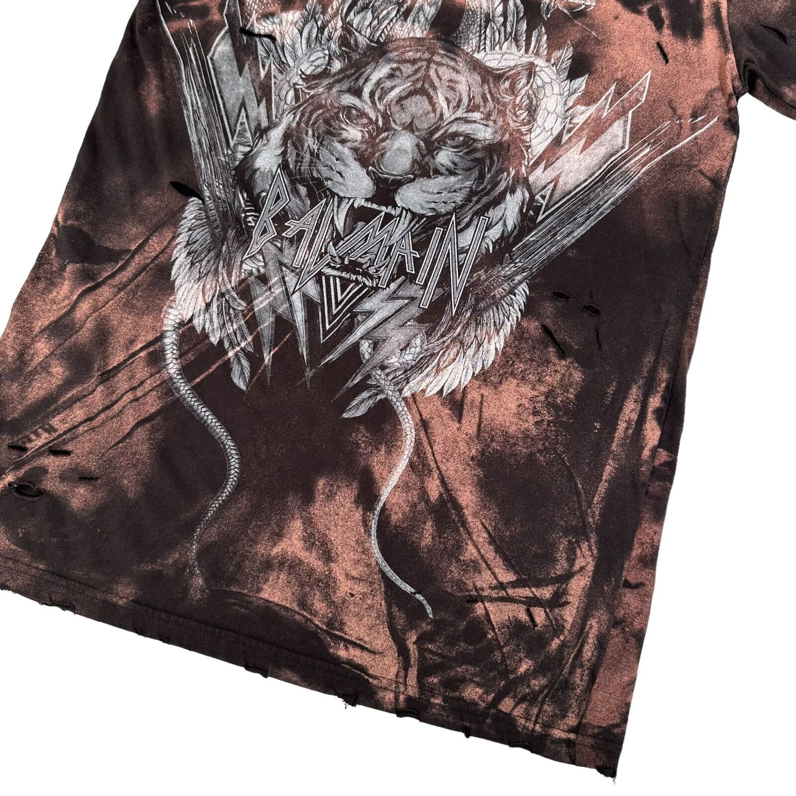 Balmain Size S T-Shirt Black Distressed Cotton Tiger Graphic Print Logo Bleached