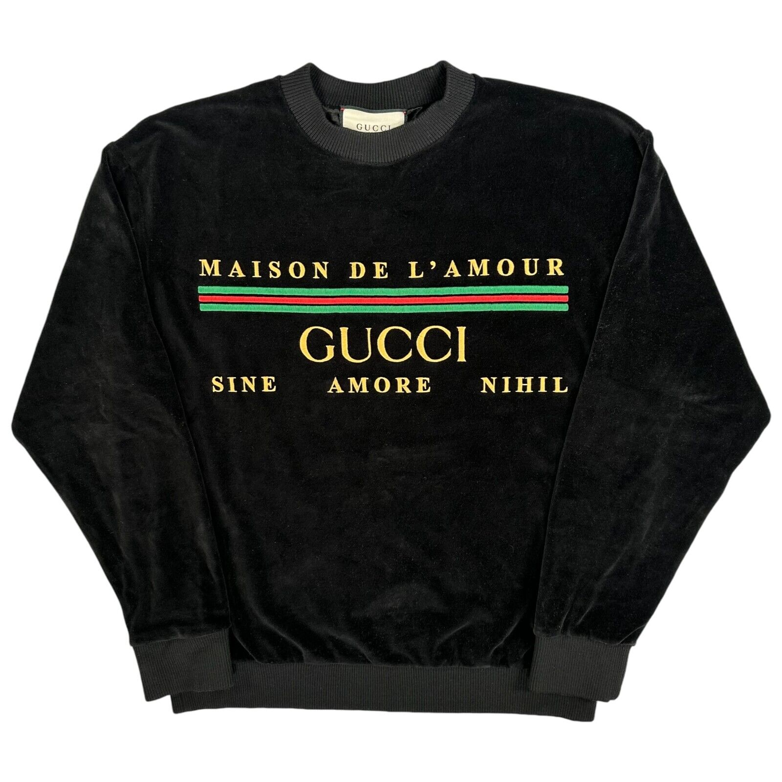 Gucci Size L Sweatshirt Black Velvet Maison De L'Amour Stripe Logo Heavy Crew