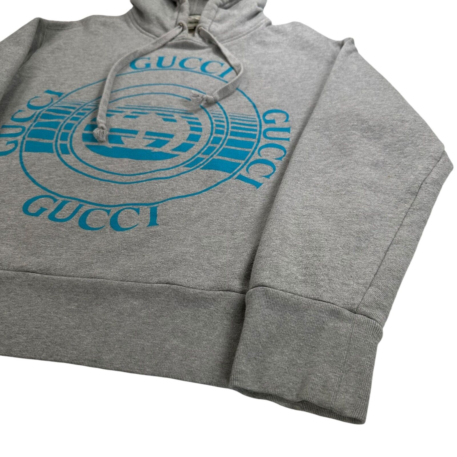 Gucci Size S Sweatshirt Grey Record Disk Logo Blue Graphic Print Drawstring Hood