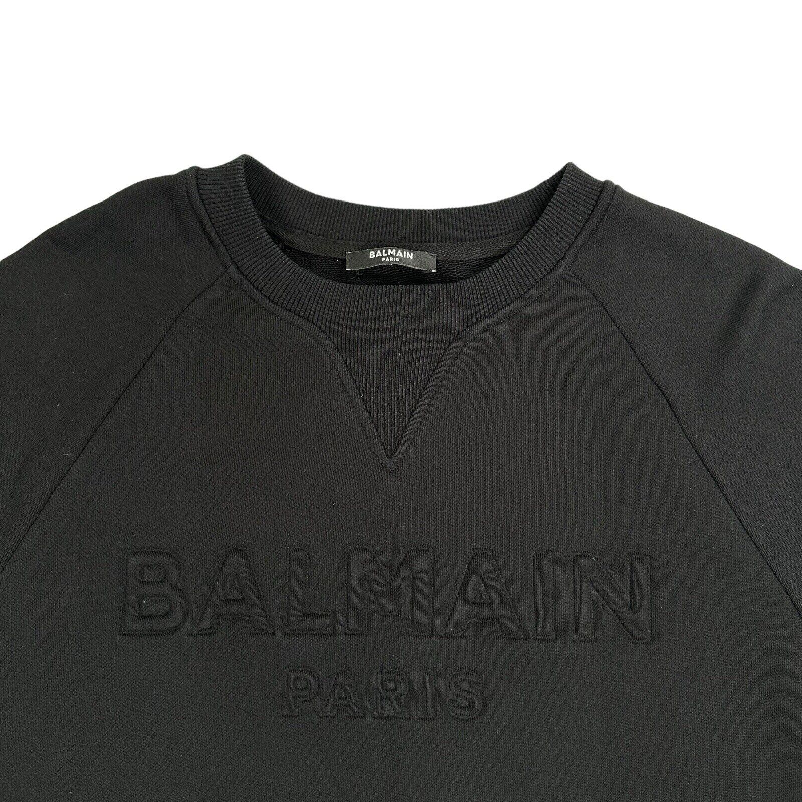 Balmain Size M Sweatshirt Black on Black Embossed 3D Chest Logo Crewneck Pull