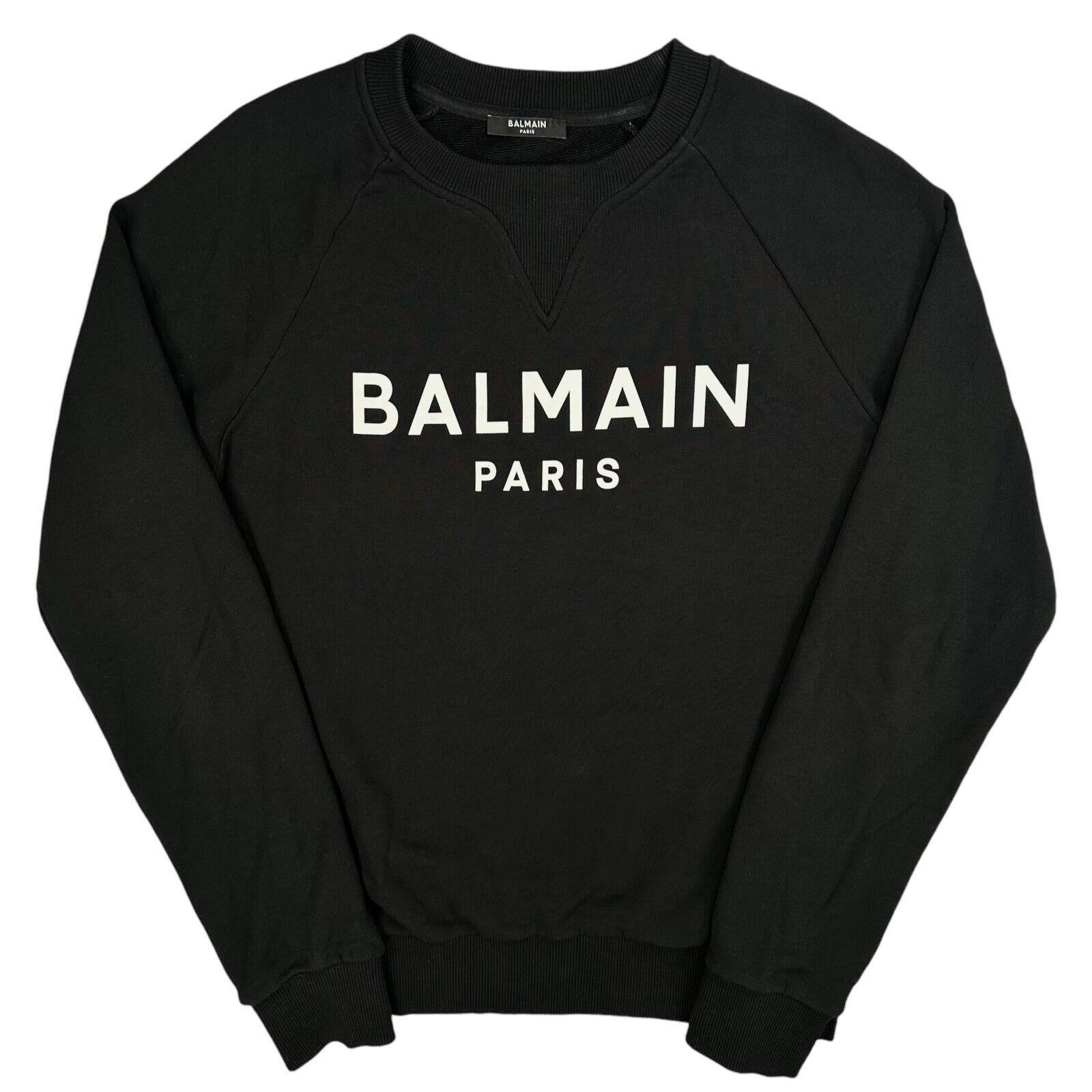 Balmain Sweatshirt Size S Black Graphic Print Block Chest Logo Heavyweight Crew