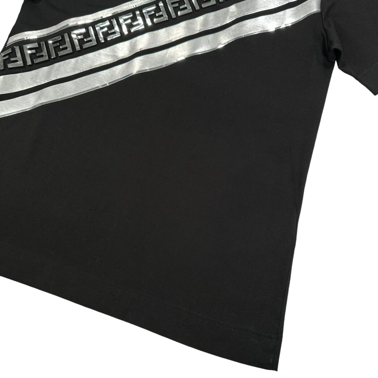 Fendi Size M T-Shirt Black FF Silver Mirror Repeat Monogram Logo Striped Cotton