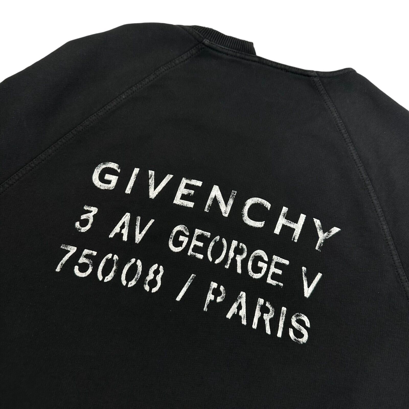 Givenchy Size M Sweatshirt Black Split Neck Distressed Address Back Logo Crew