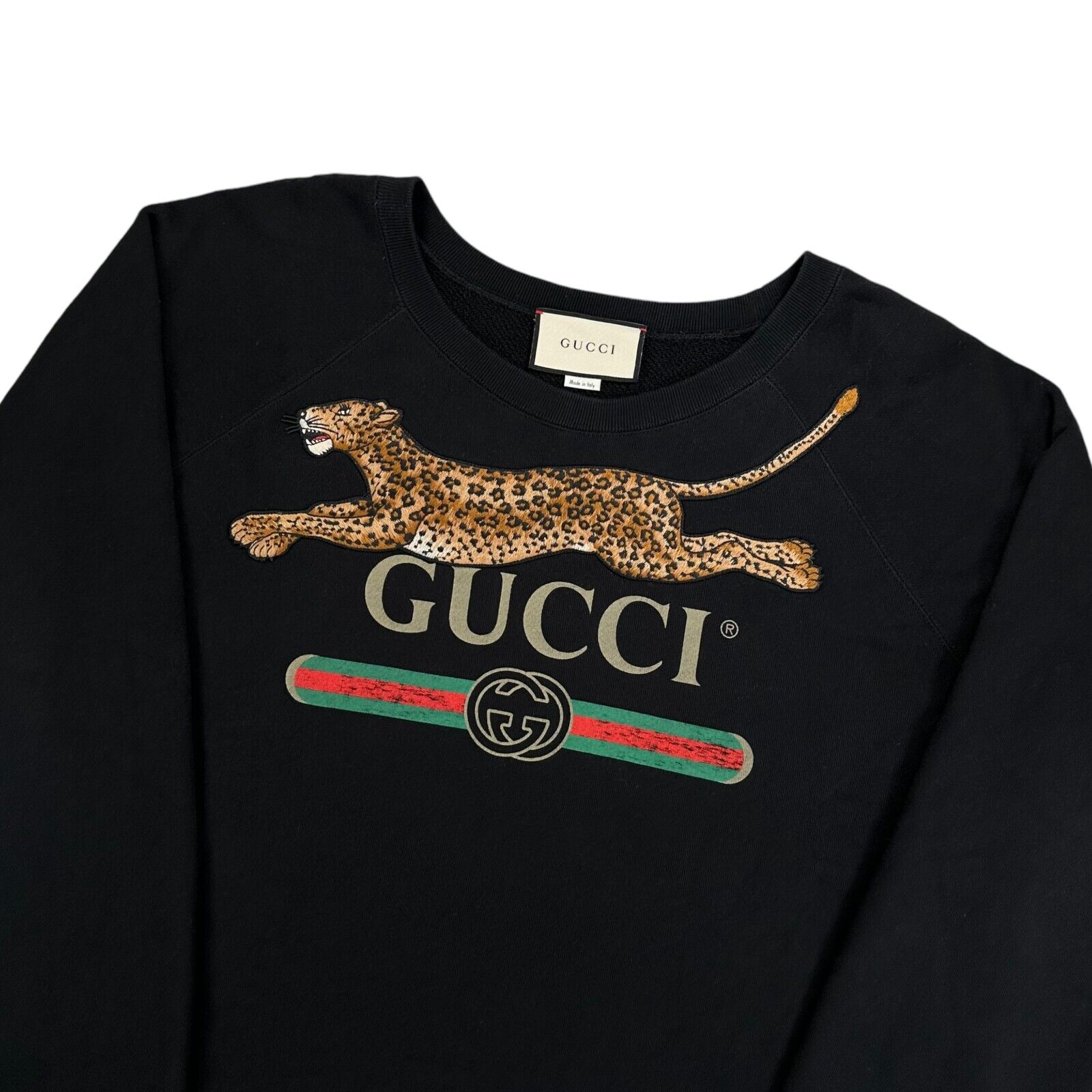 Gucci Size XL Sweatshirt Black Classic Chest Logo Embroidered Leopard Crewneck