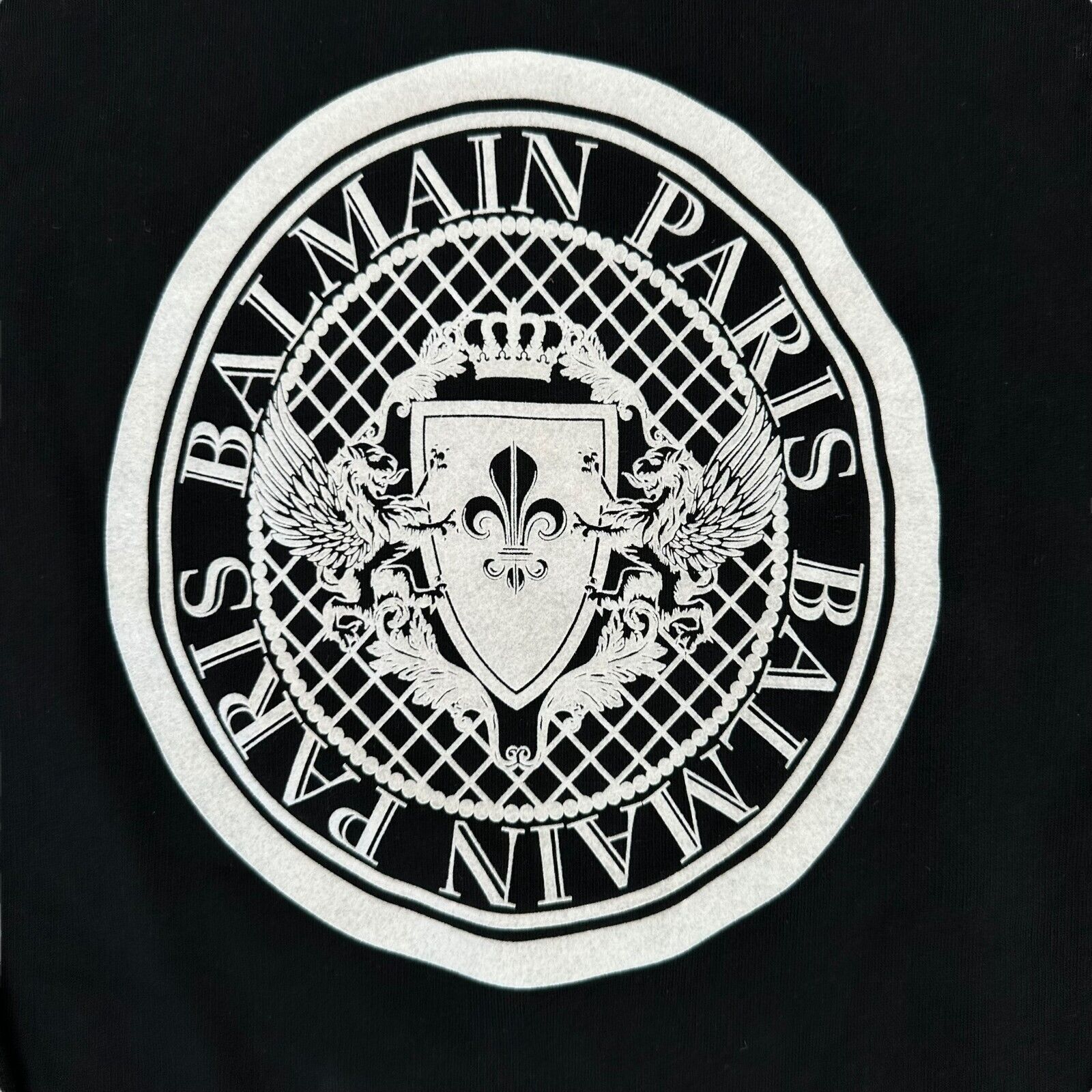 Balmain Size L Sweatshirt Black Coin Logo White Graphic Print Emblem Crewneck