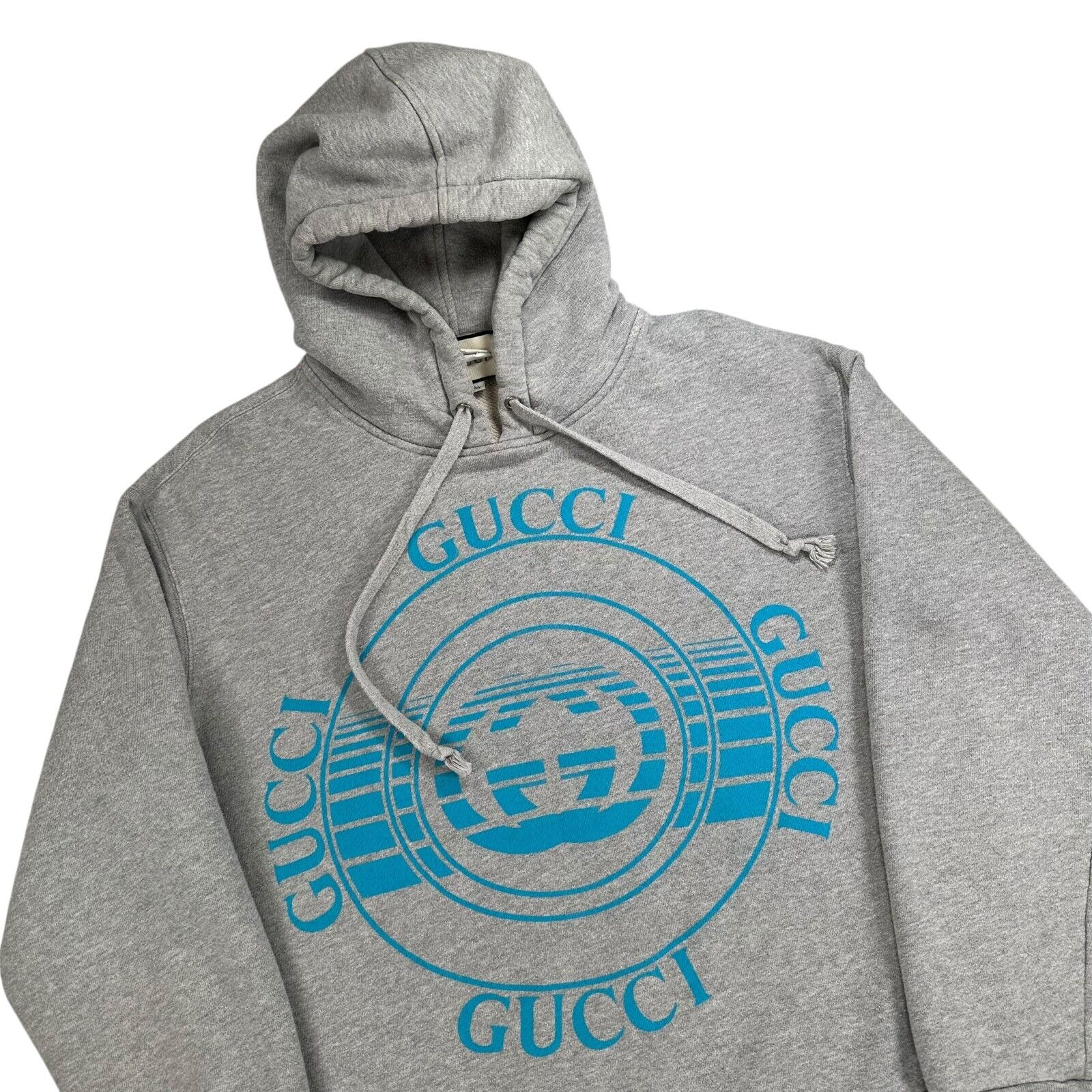 Gucci Size S Sweatshirt Grey Record Disk Logo Blue Graphic Print Drawstring Hood