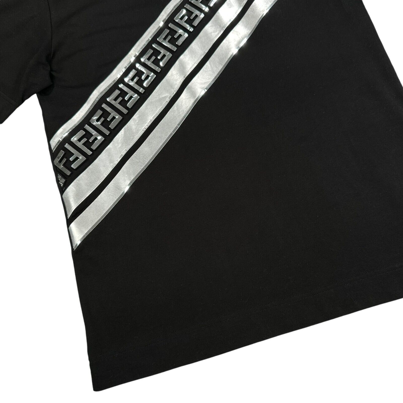 Fendi Size M T-Shirt Black FF Silver Mirror Repeat Monogram Logo Striped Cotton