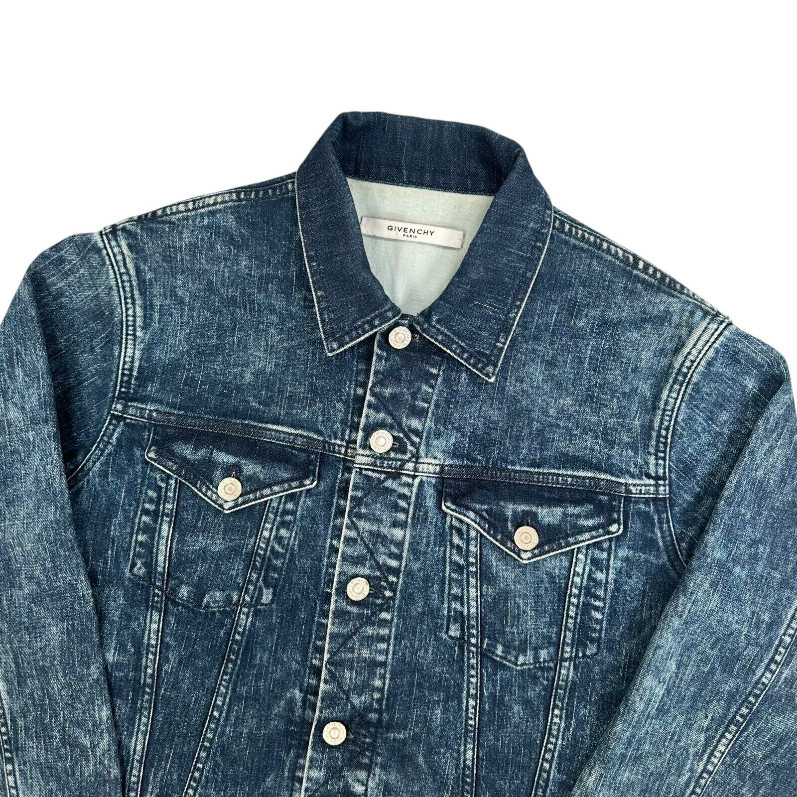 Givenchy Size M Denim Jacket Acid Wash Deep Blue Back Logo Spray Paint Button Up