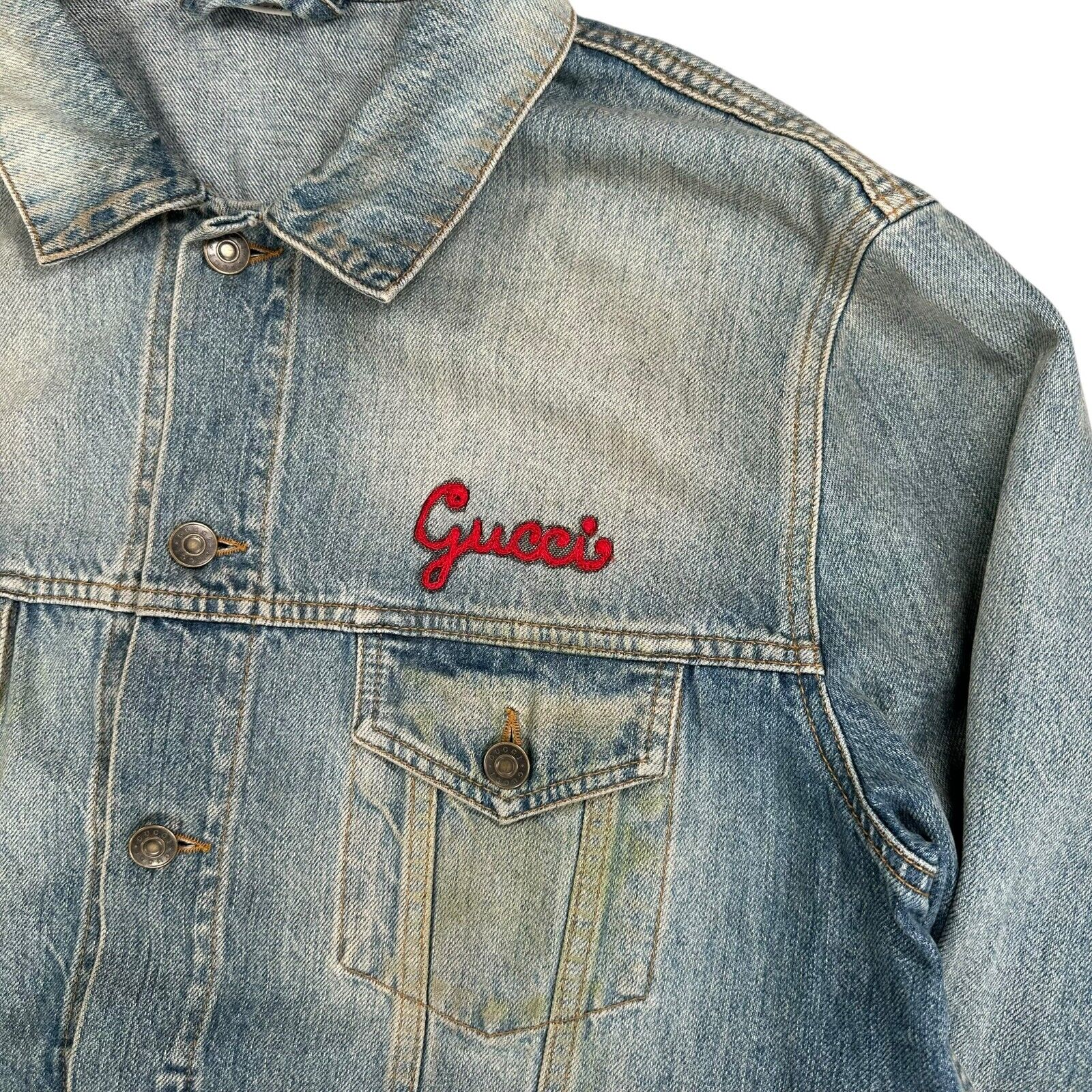 Gucci Size S Blue Denim Jacket Distressed Mon Petit Chat Embroidered Logo Button