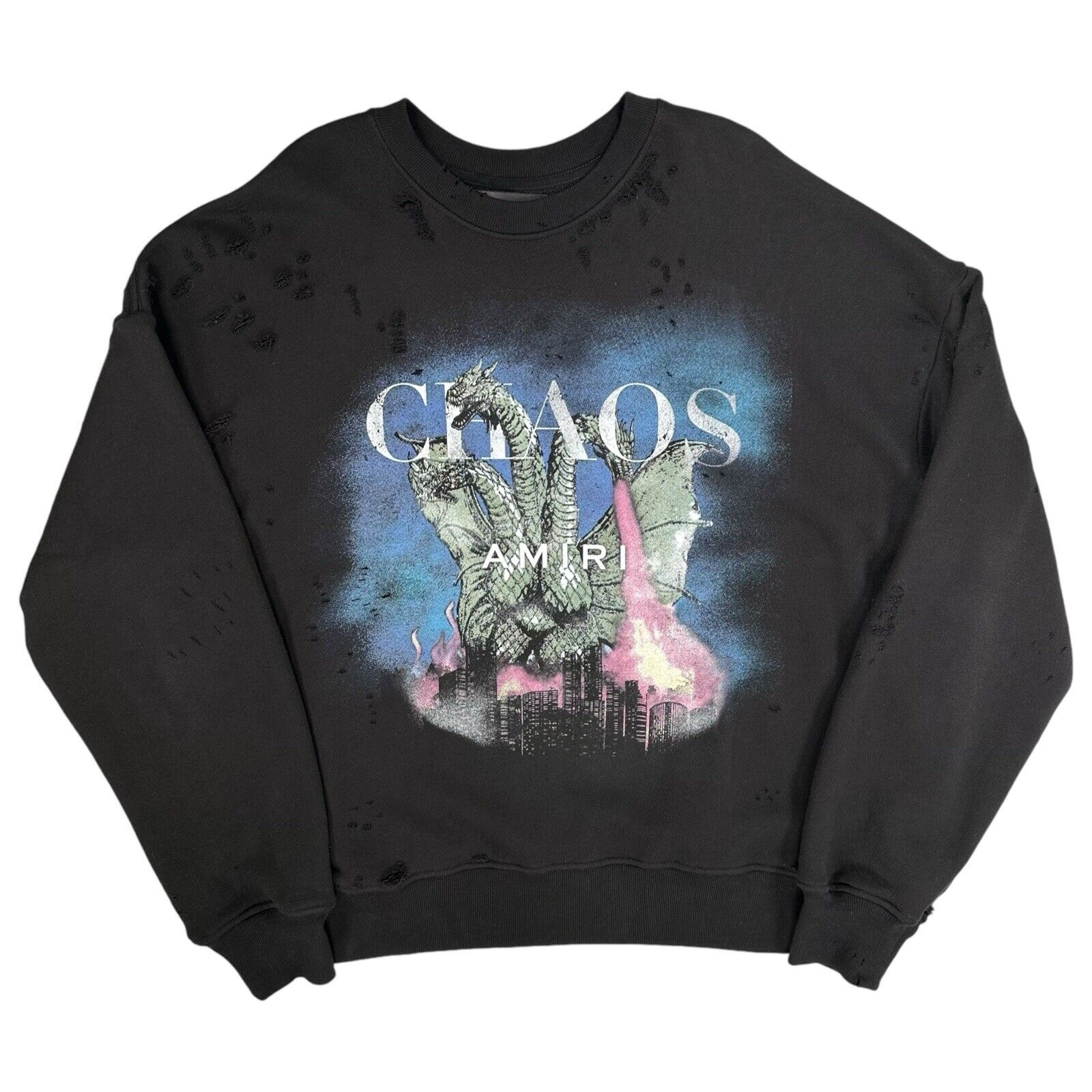 Amiri Size S Oversized Sweatshirt Black Distressed Chaos Hydra Logo Graphic