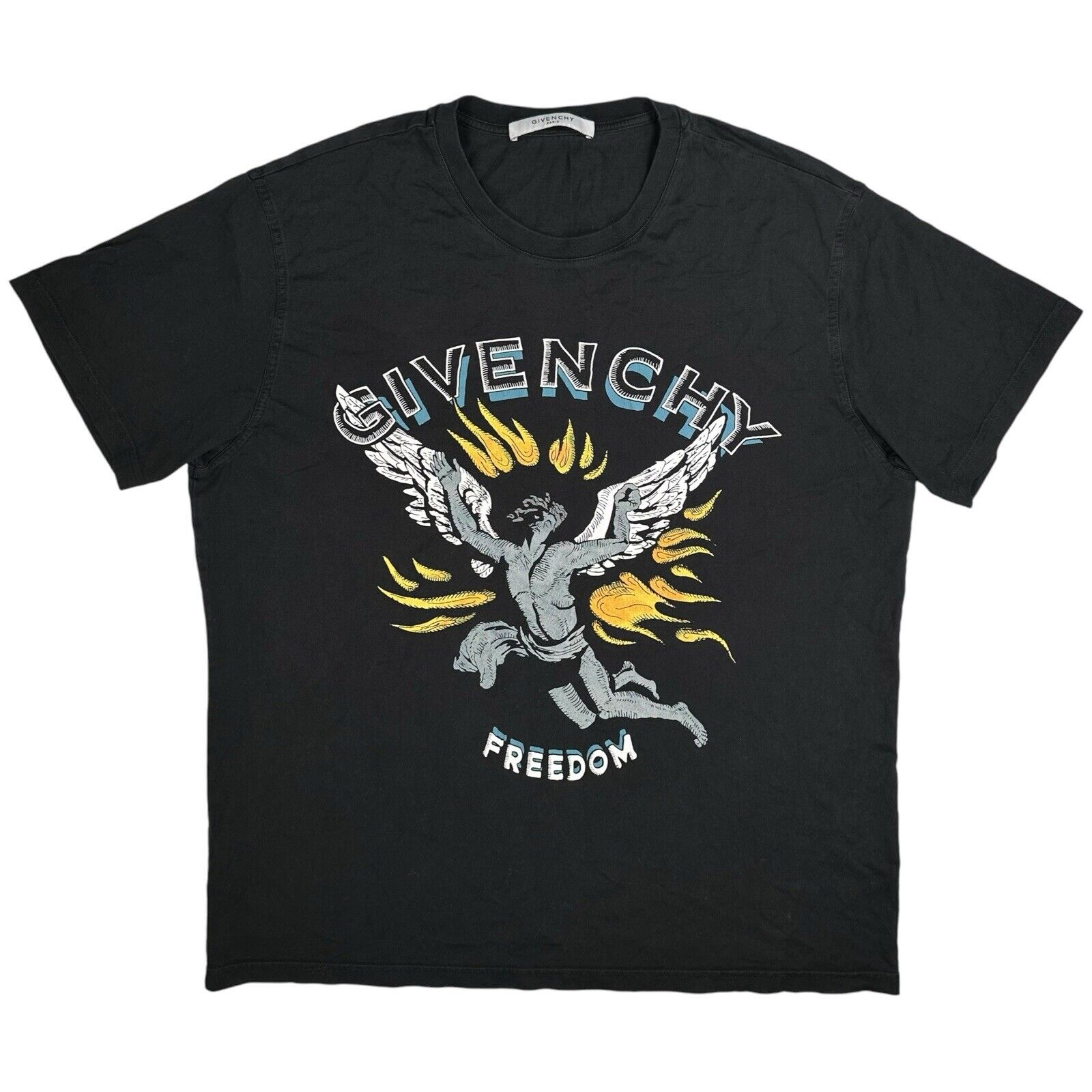 Givenchy Size L T-Shirt Black Angel Fire Freedom Graphic Round Neck Cotton Tee