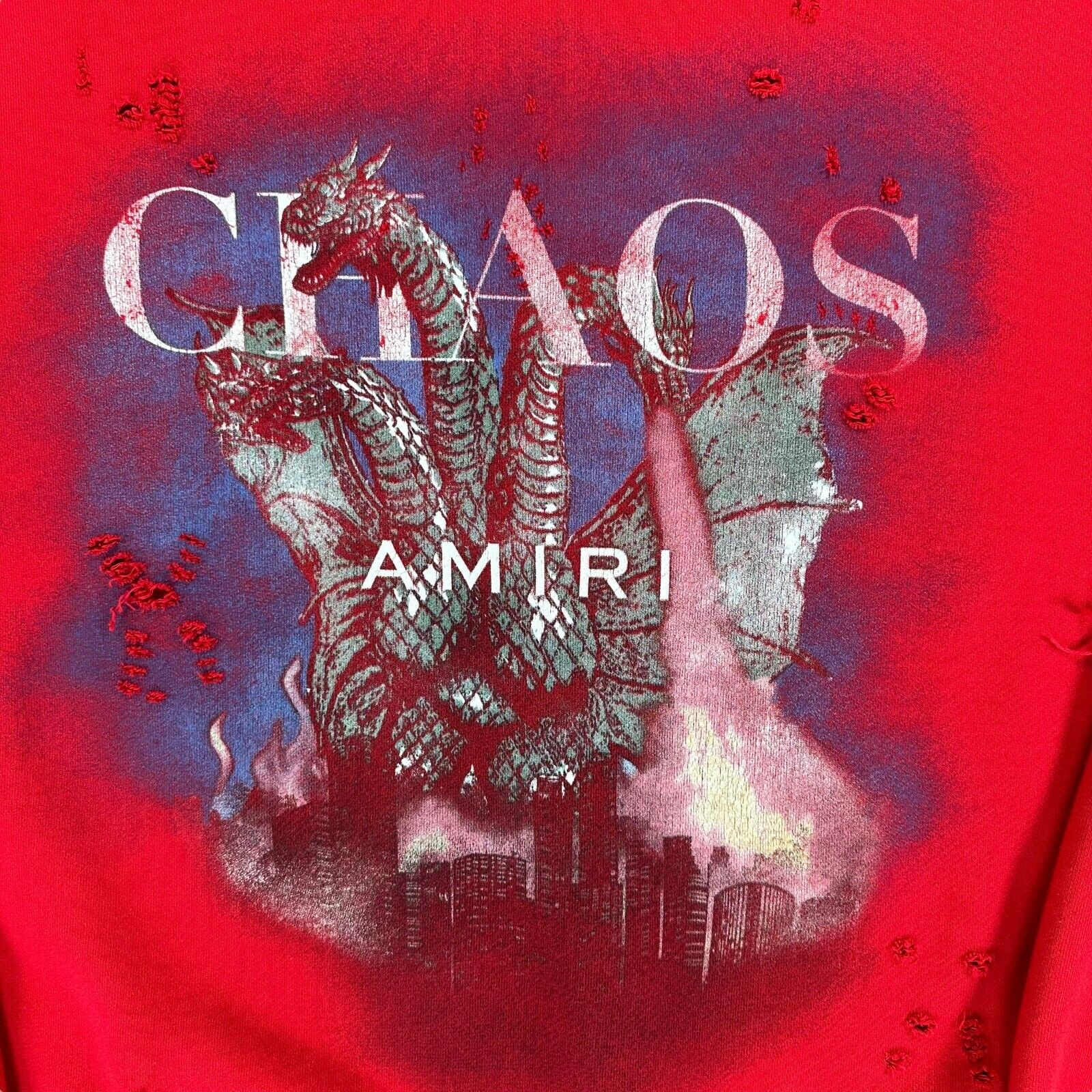 Amiri Size L Sweatshirt Red Oversized Distressed Chaos Logo Heavyweight Pullover