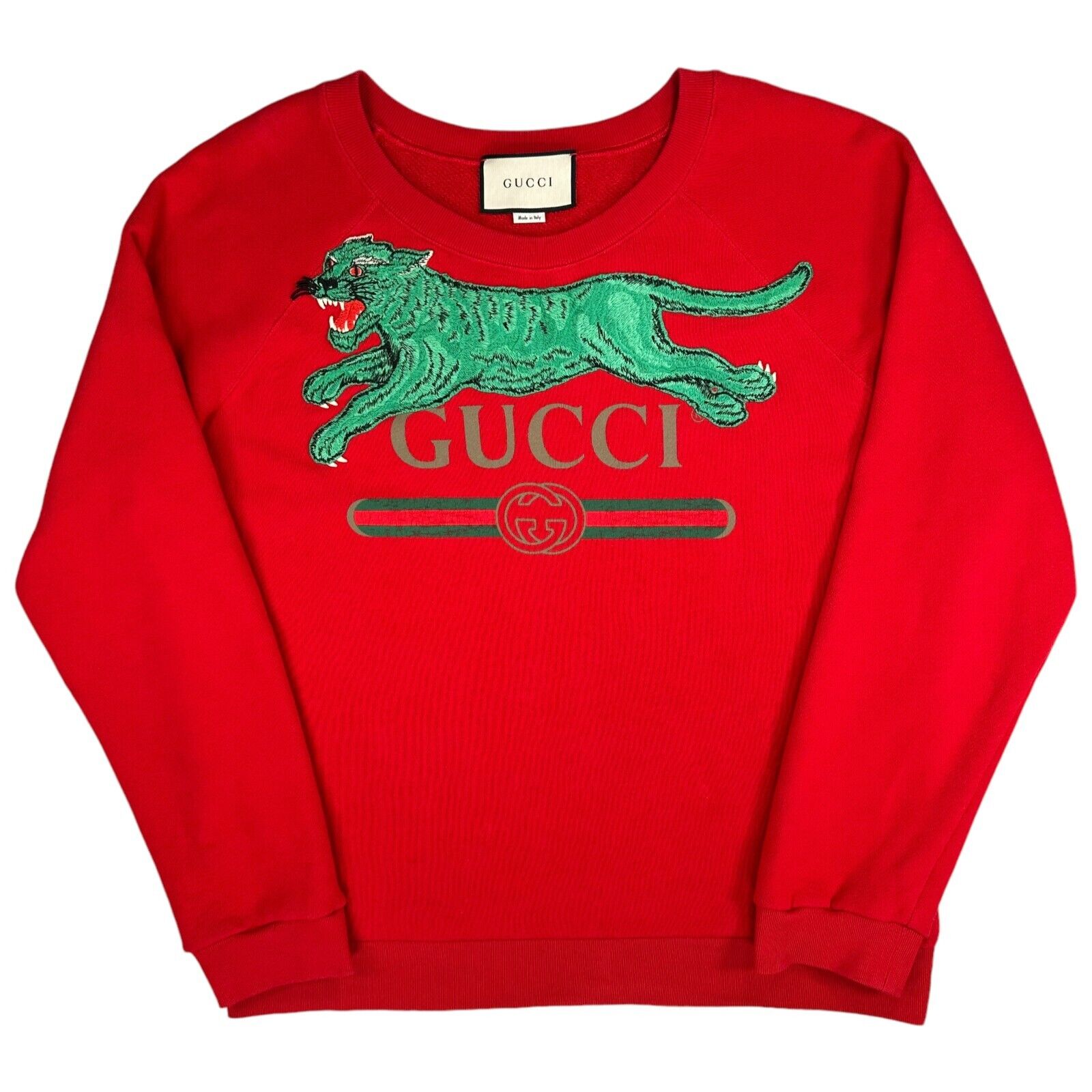 Gucci Size L Red Sweatshirt Leopard Embroidered Logo Belt Graphic Crewneck