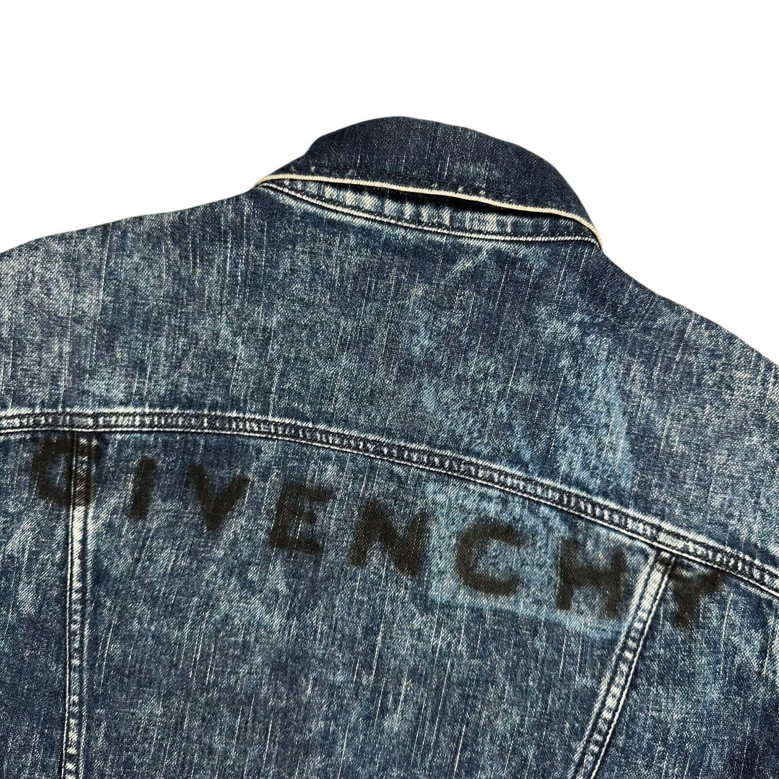 Givenchy Size M Denim Jacket Acid Wash Deep Blue Back Logo Spray Paint Button Up