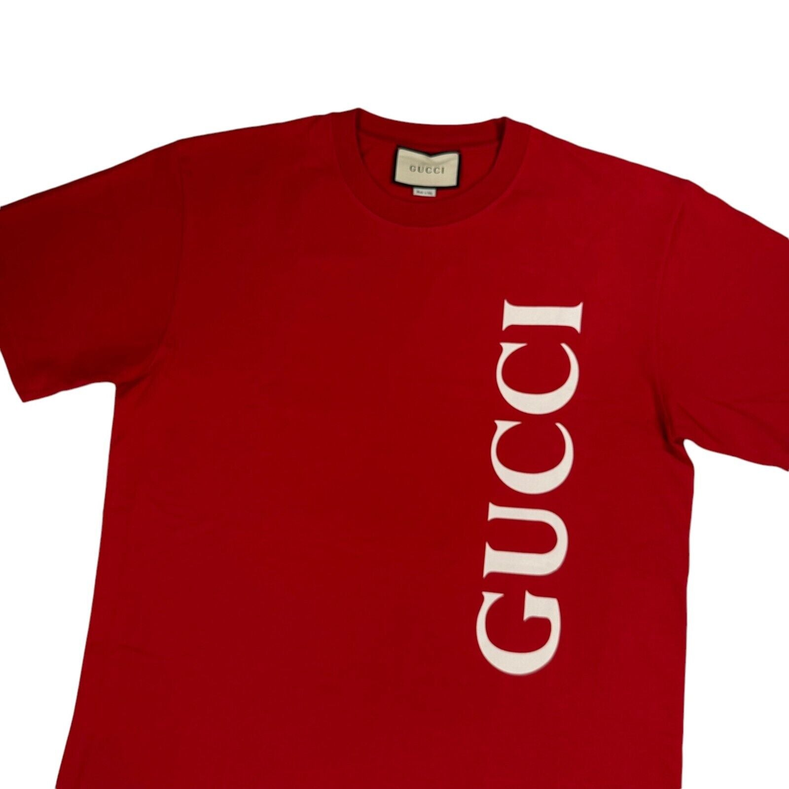 Gucci Size L Red T-Shirt Oversized Vertical Logo Graphic Print Heavyweight Crew