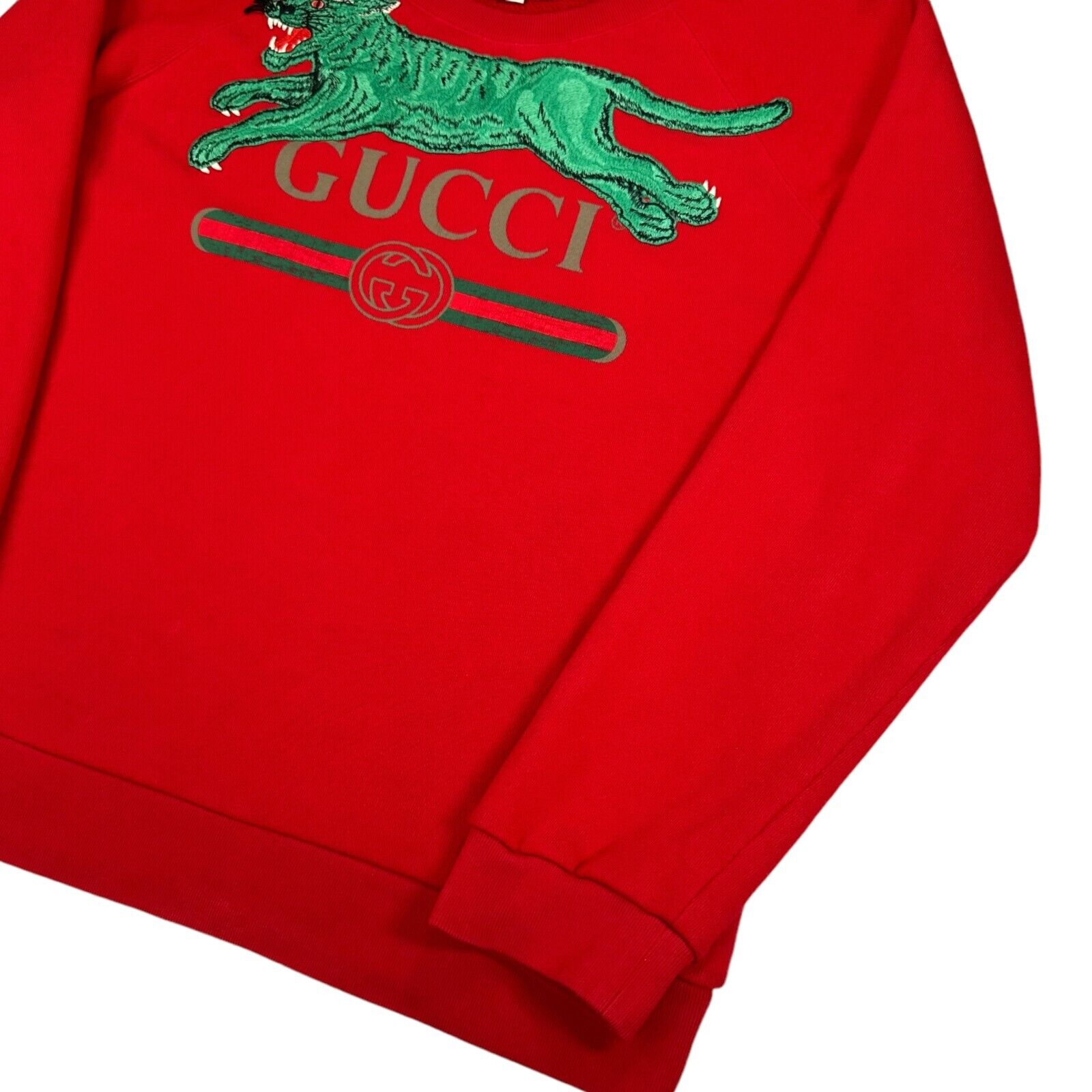 Gucci Size L Red Sweatshirt Leopard Embroidered Logo Belt Graphic Crewneck